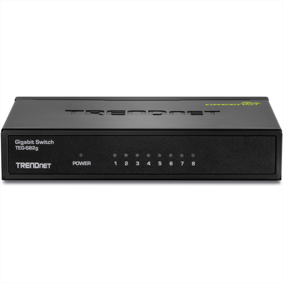 Schwarzer Netzwerk-Switch mit 8 Anschlüssen, beschriftet mit 'TRENDNET'.
