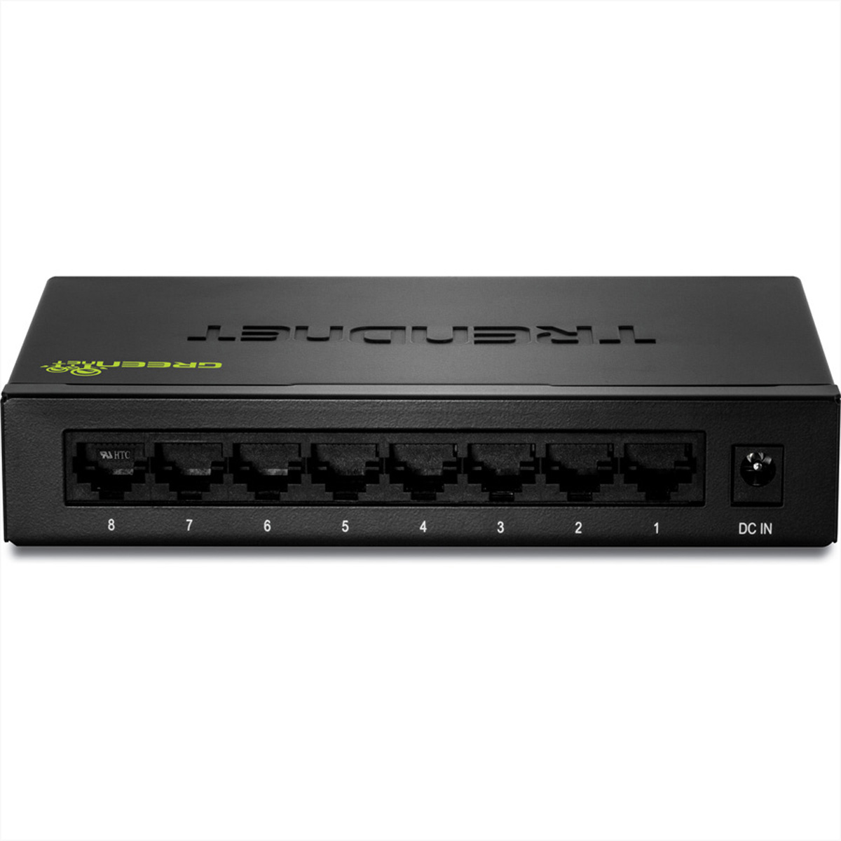 Schwarzer TRENDnet Netzwerk-Switch mit 8 nummerierten Ports und einem DC IN-Port.