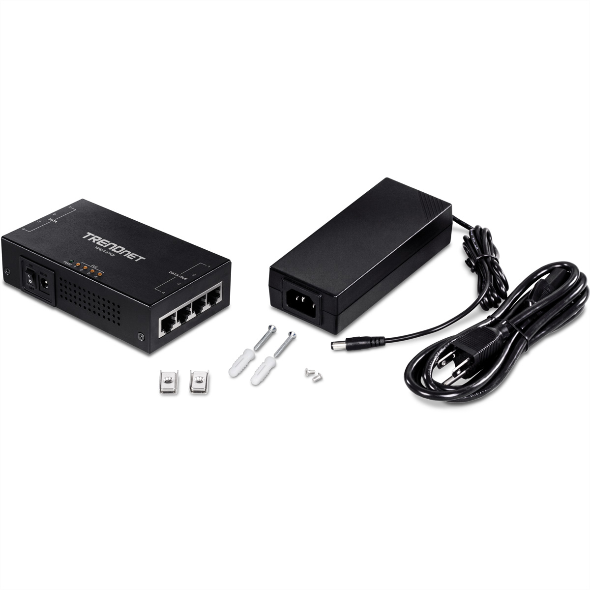 Ein schwarzes TRENDnet-Netzwerkgerät, Netzteil und Kabel. Zubehör ist sichtbar. Weißer Hintergrund.