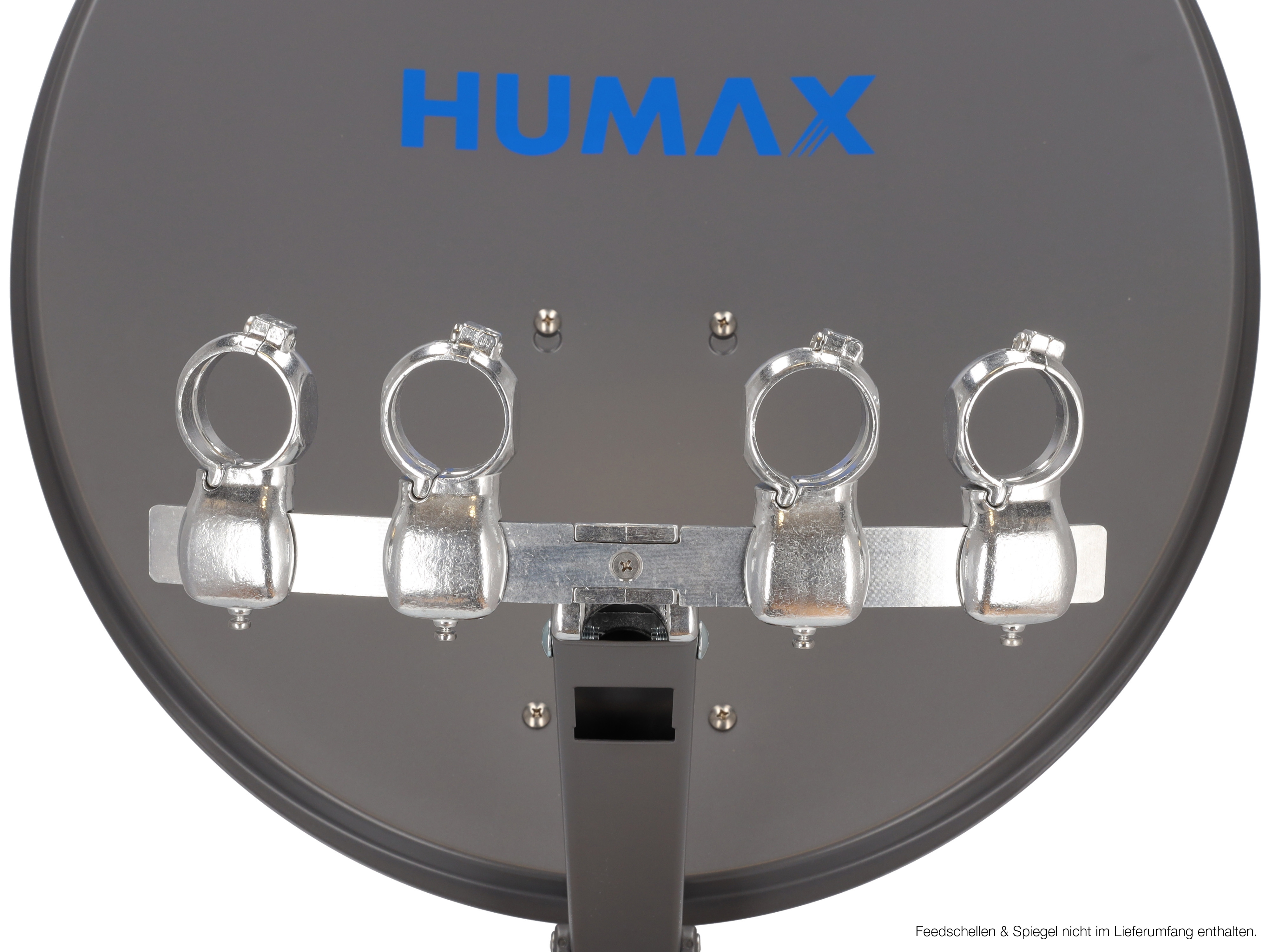 Eine dunkelgraue HUMAX-Satellitenschüssel mit vier LNB-Haltern. Weißer Hintergrund.