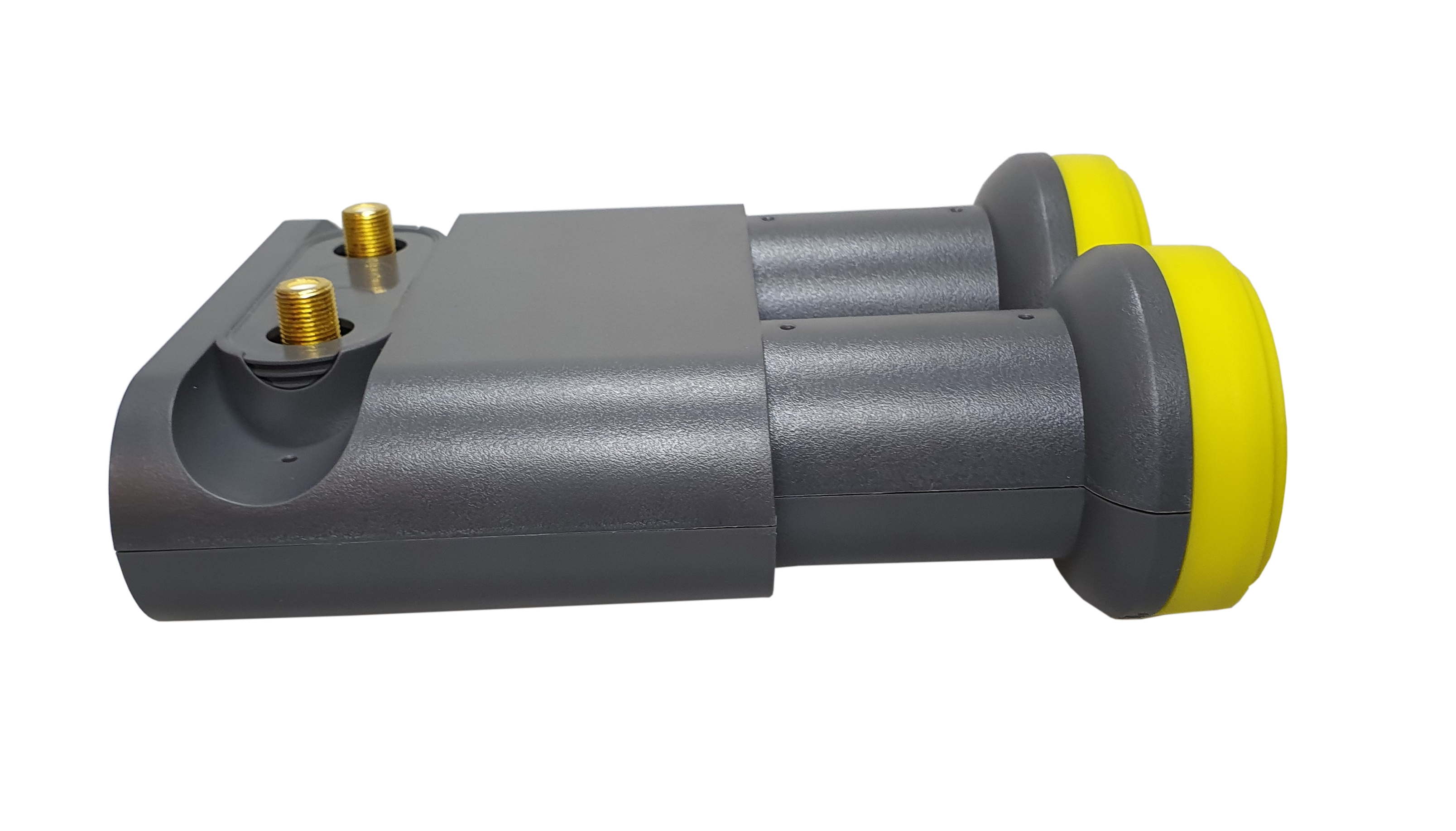 Ein grauer LNB mit zwei gelbspitzigen Anschlüssen, für den Satellitenempfang.