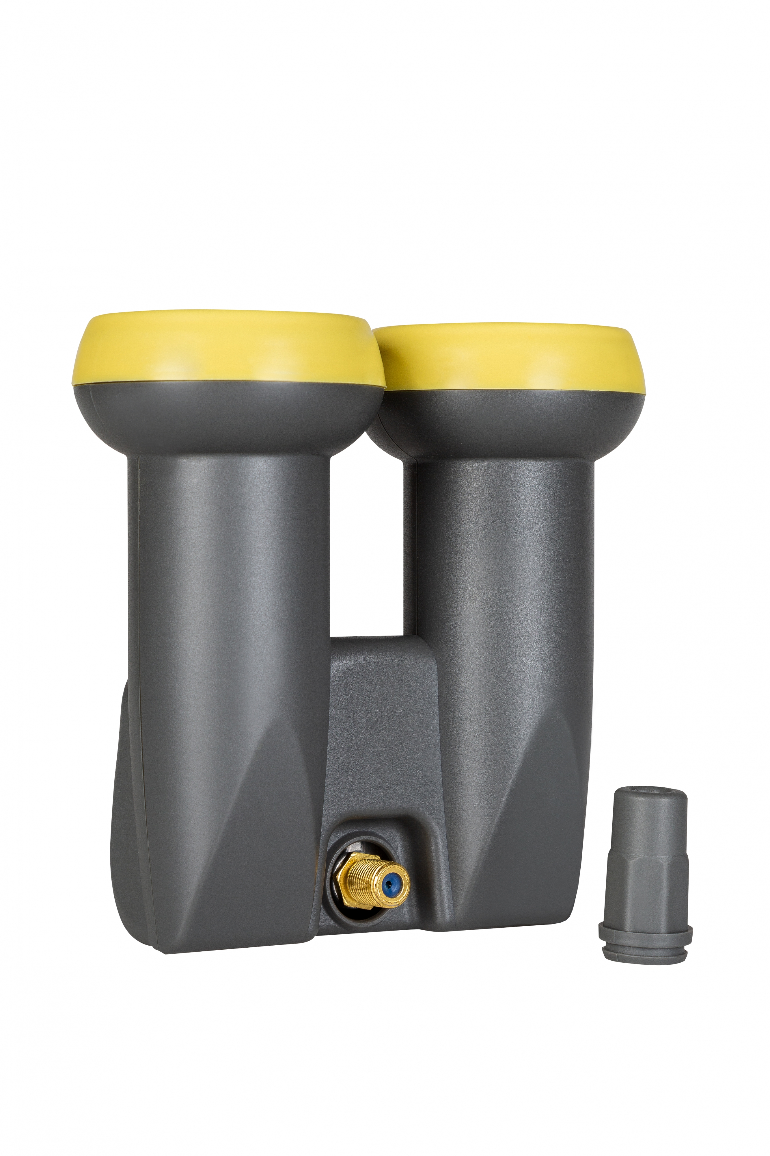 Ein Dual-LNB-Satellitenempfänger mit gelben Kappen und grauem Gehäuse.