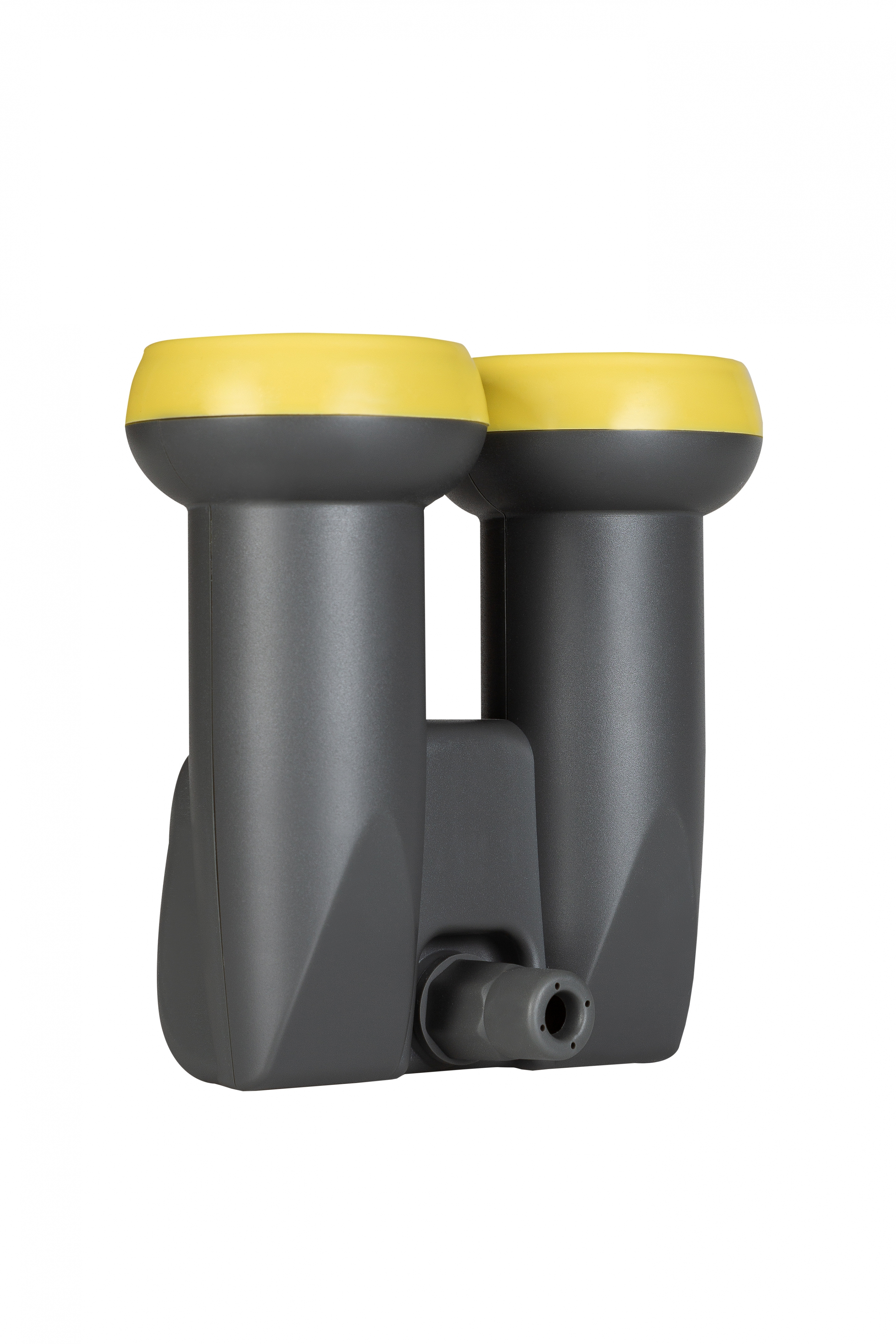 Ein Dual-LNB, gelb und grau, für den Satellitenempfang.