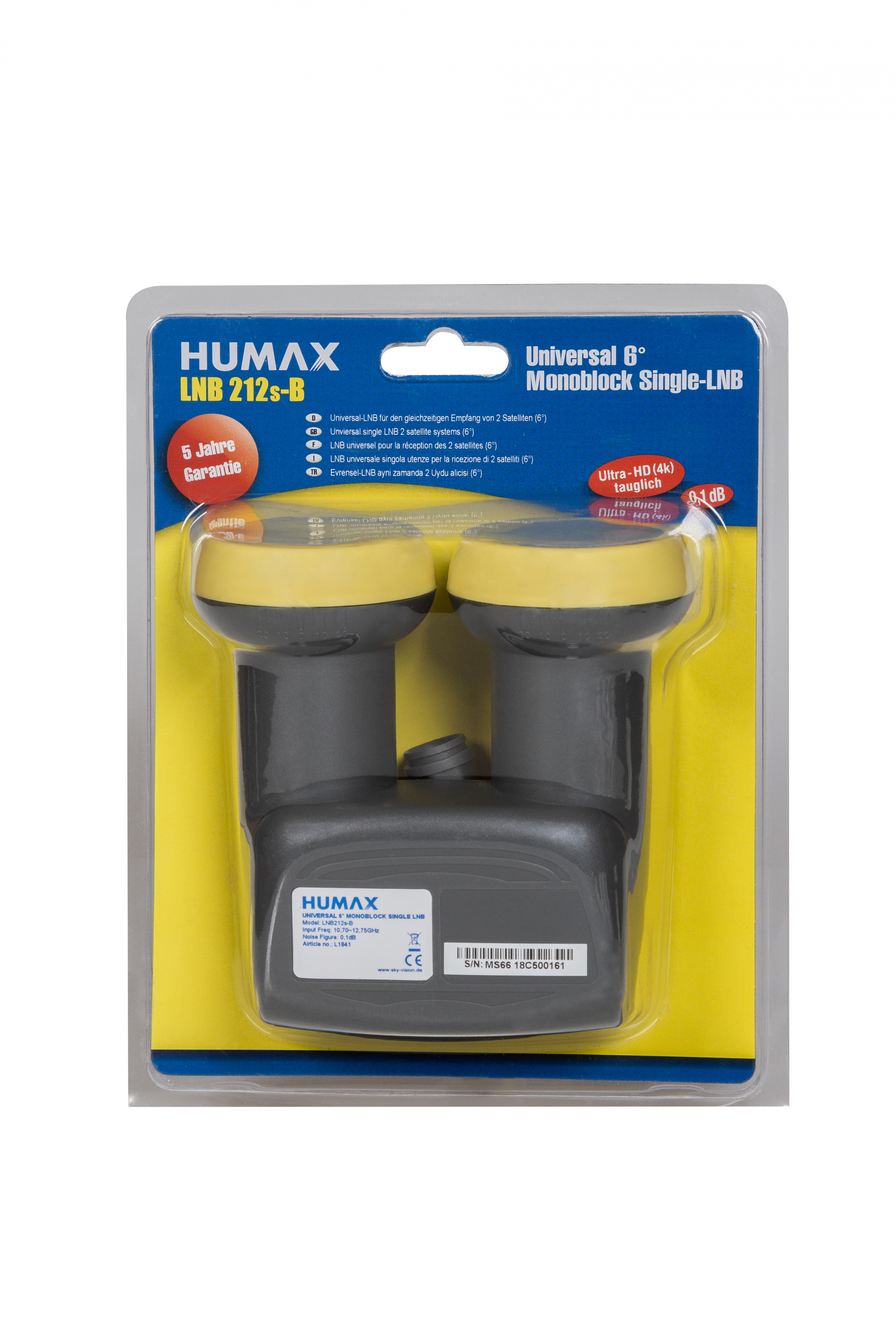 Humax LNB 212s-B auf Blisterpackung. Schwarz-gelbes Design. Text: Universal 6° Monoblock Single-LNB.