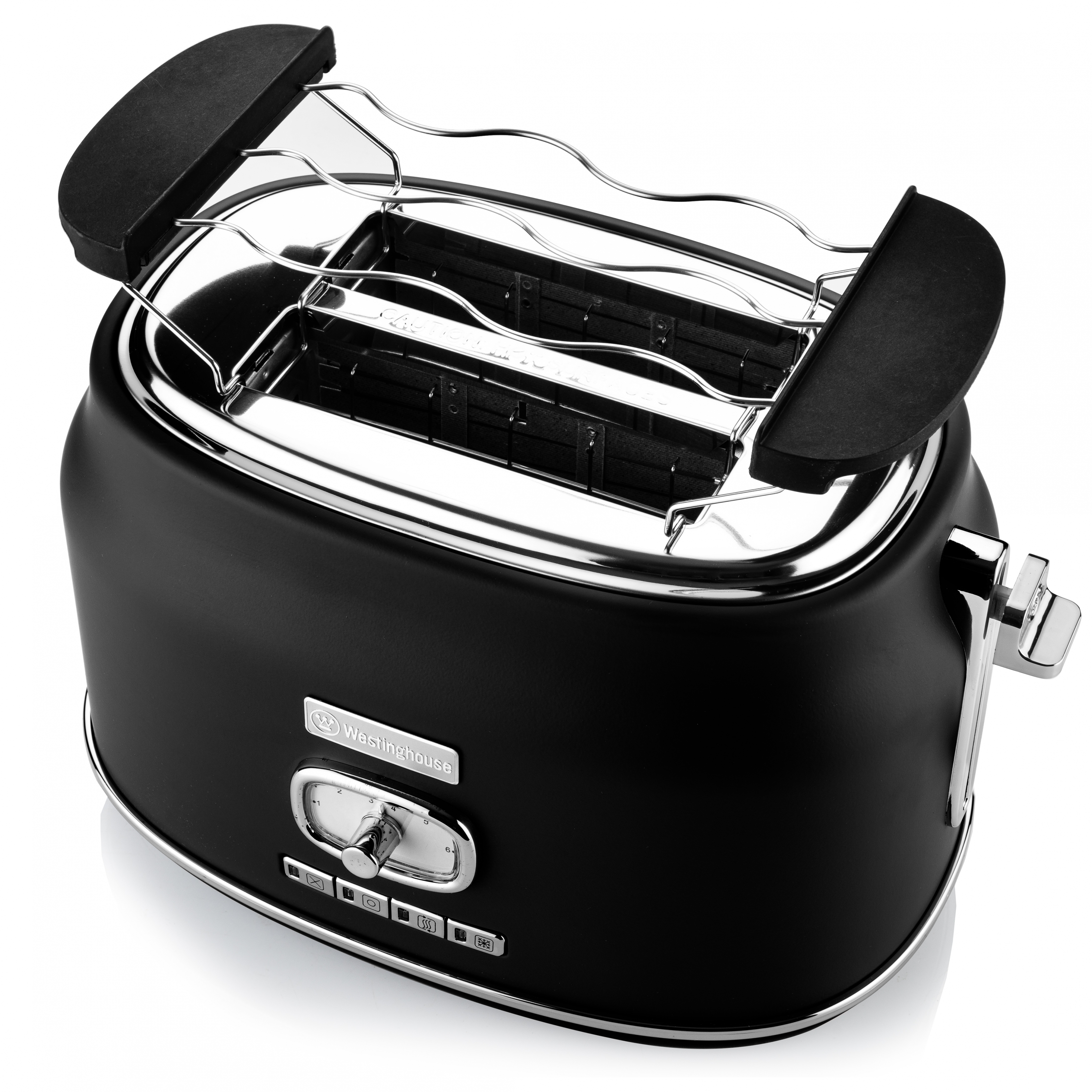 Ein schwarzer und verchromter Toaster mit zwei Schlitzen. Er hat einen Drehregler.