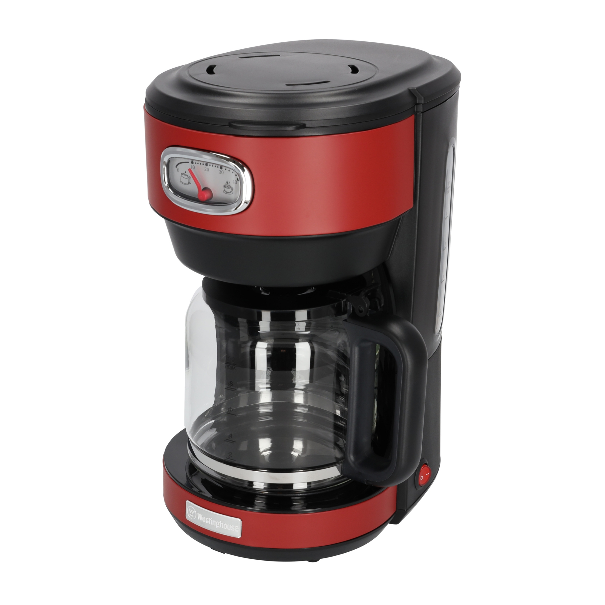 Rot-schwarze Kaffeemaschine, Glaskaraffe. Mit Anzeige und roter Einschalttaste.