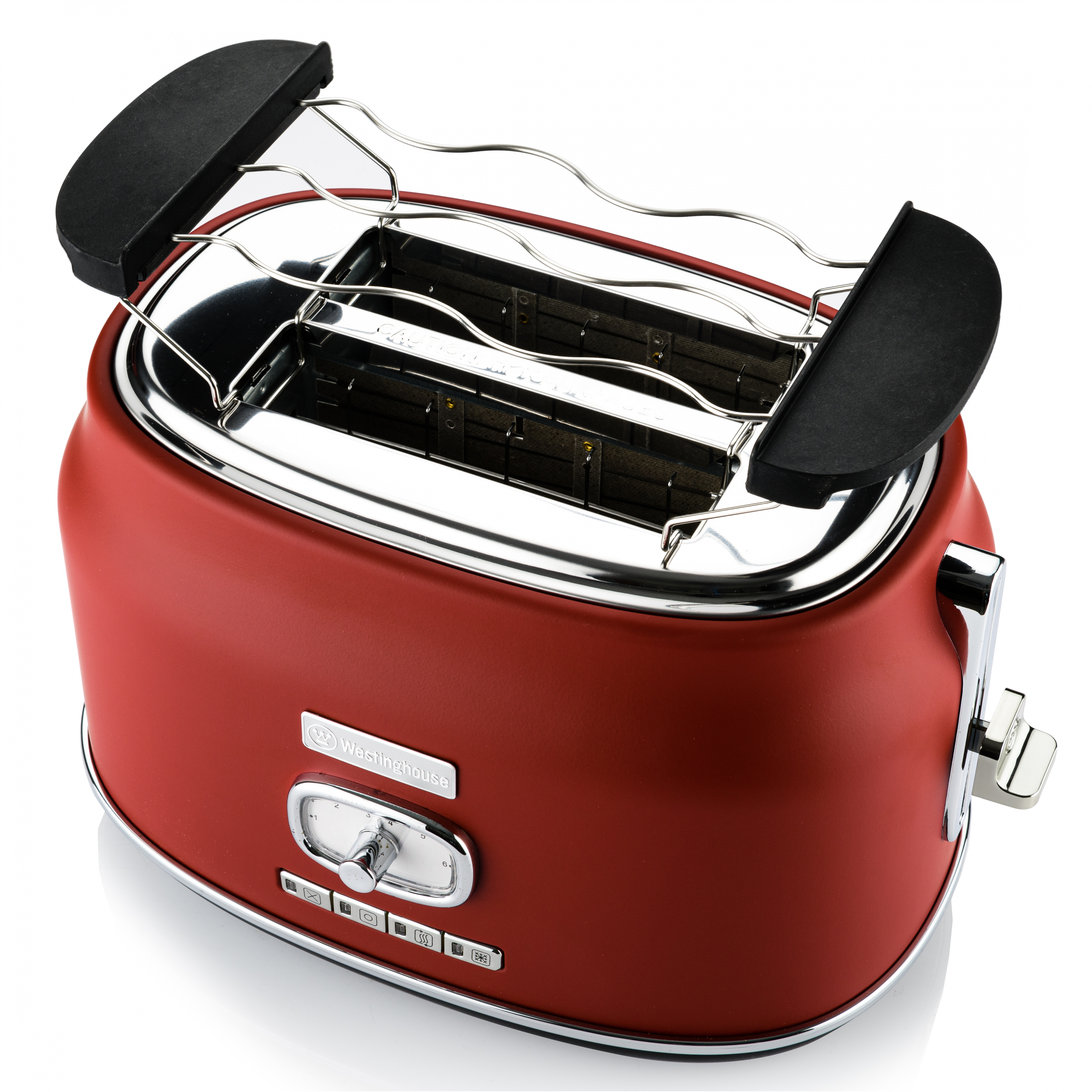 Roter Toaster mit Chromakzenten. Draufsicht, Schlitze sichtbar. Zwei schwarze Hebel oben.