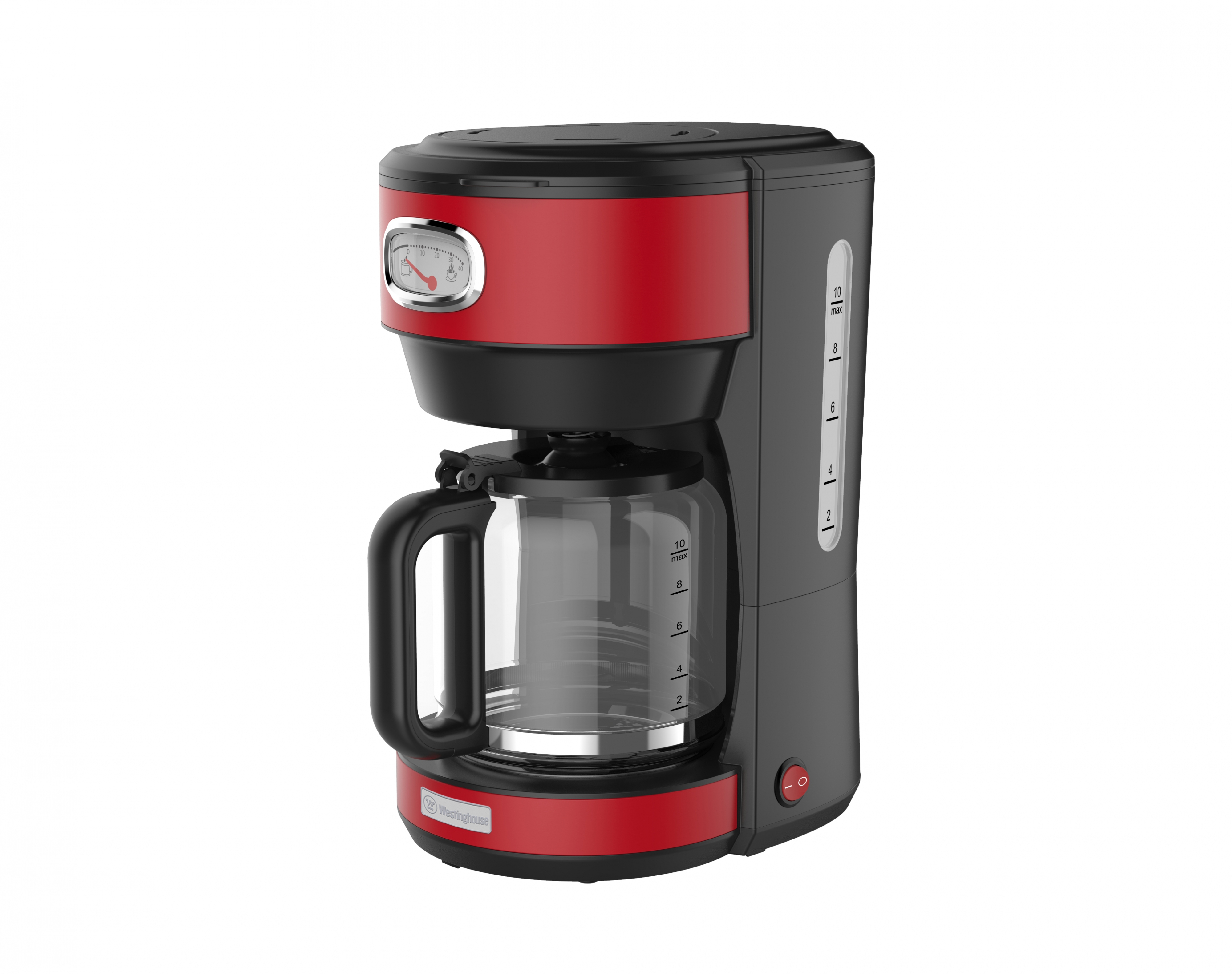 Roter und schwarzer Kaffeemaschine mit Glaskaraffe, Anzeige und Ein-Aus-Taste. Weißer Hintergrund.