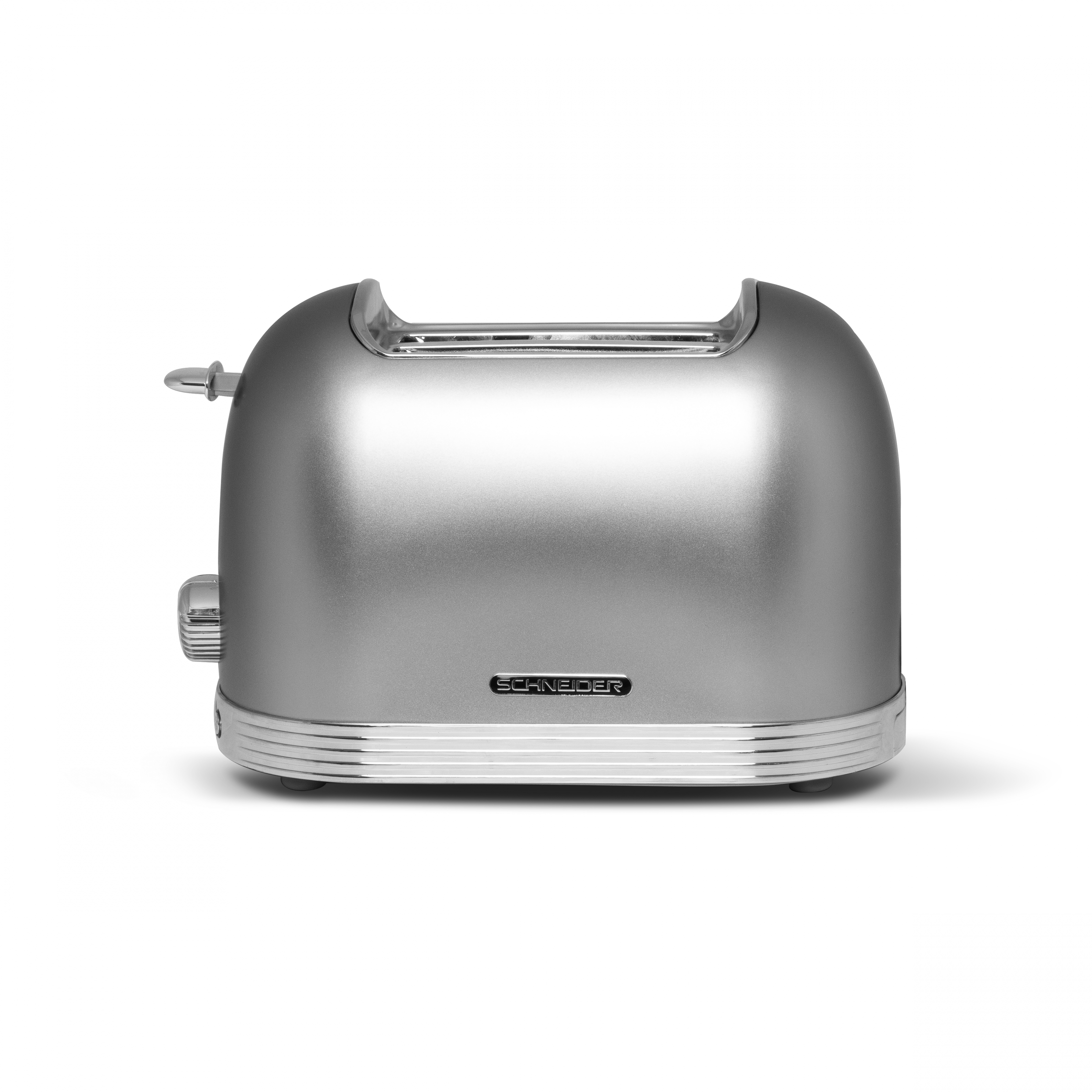 Ein silberner Toaster mit einem Zwei-Schlitz-Design, der Markenname 'Schneider' ist auf der Vorderseite zu sehen.