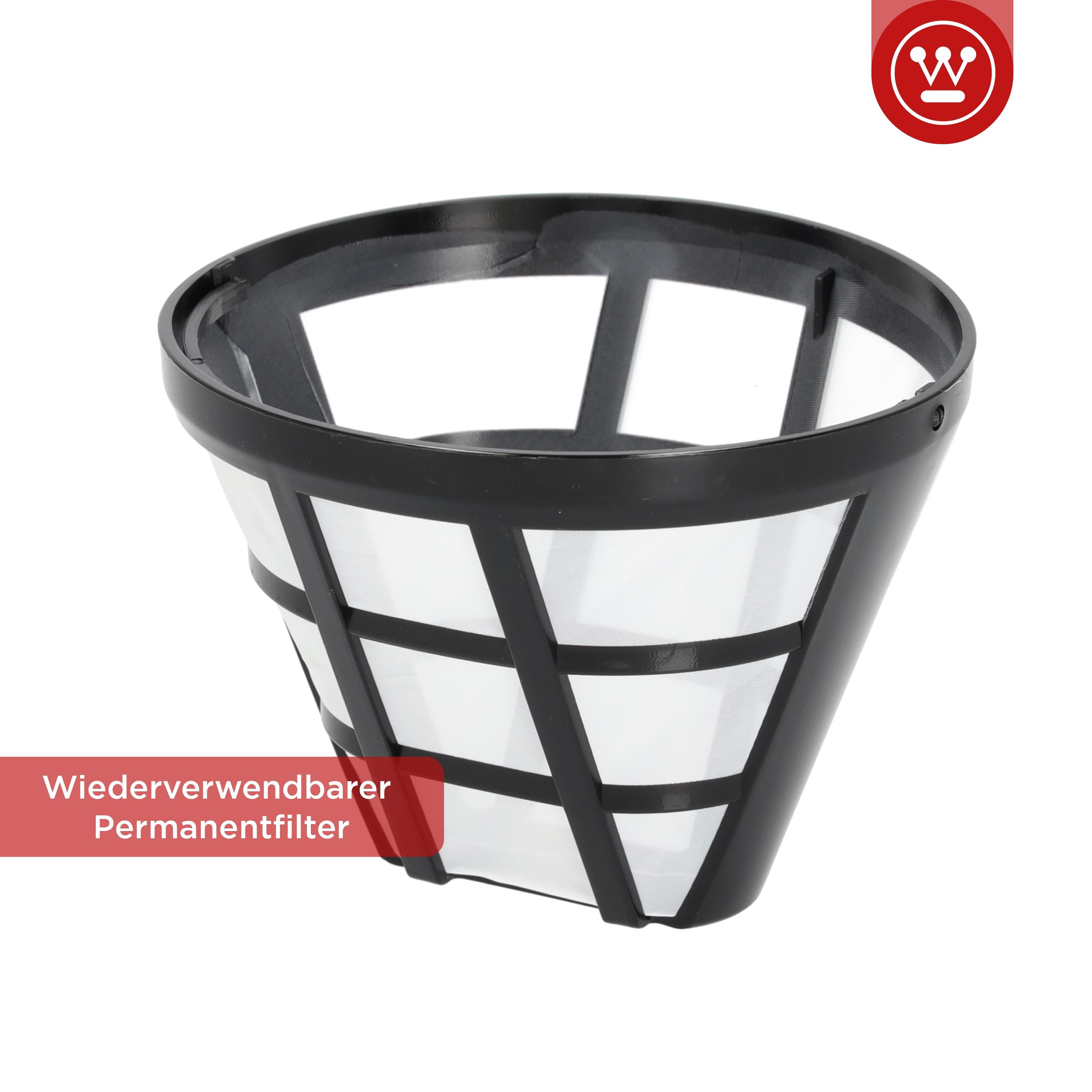 Ein schwarzer Kaffeefilter mit einem weißen Filter im Inneren, Text: 'Wiederverwendbarer Permanentfilter'.