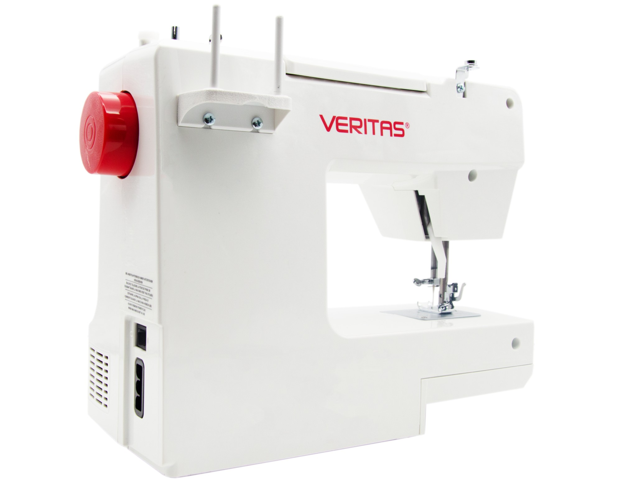 Weiße Nähmaschine mit rotem Drehknopf und Veritas-Logo.