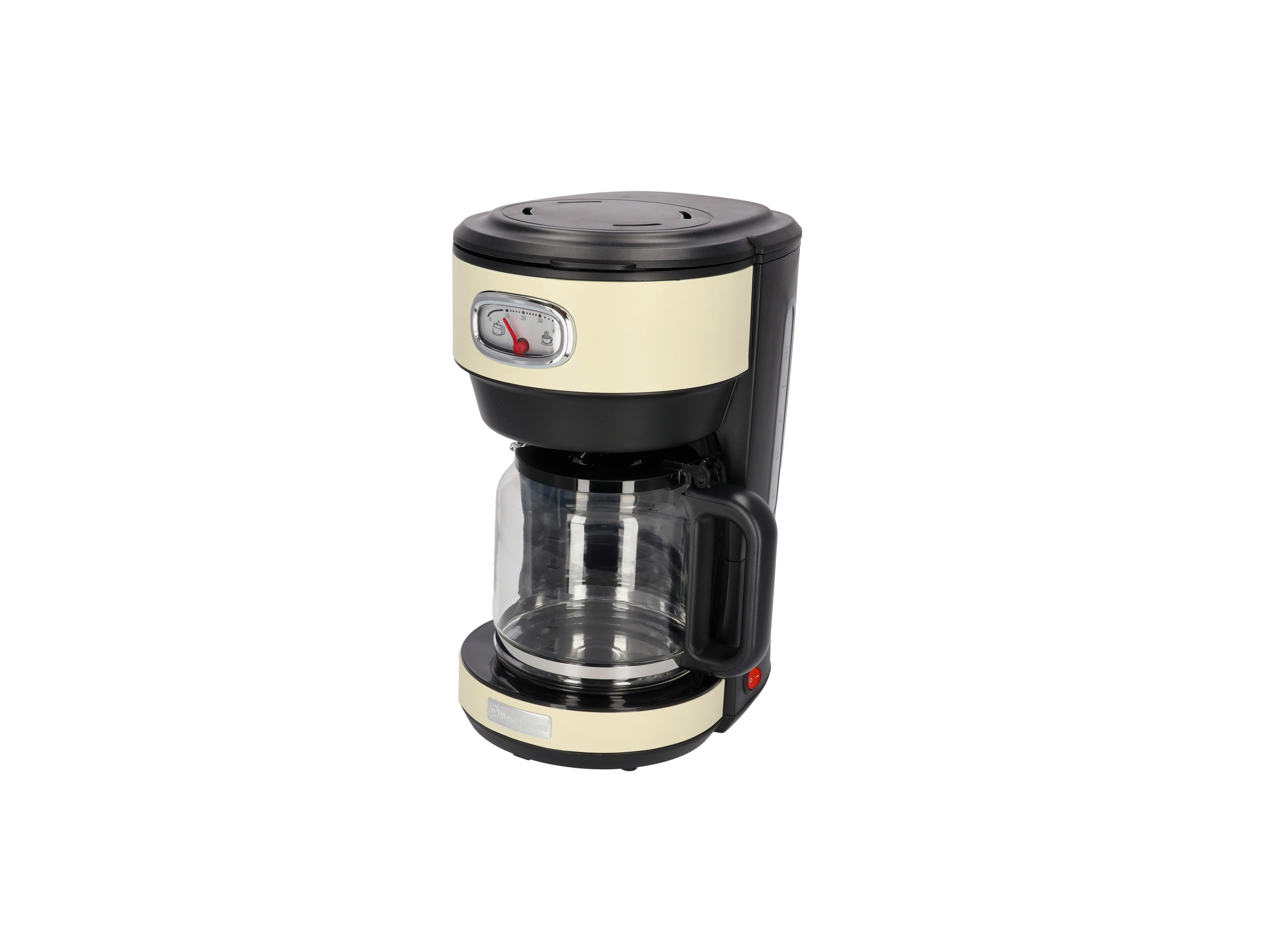 Eine beige und schwarze Kaffeemaschine im Retro-Stil auf weißem Hintergrund.