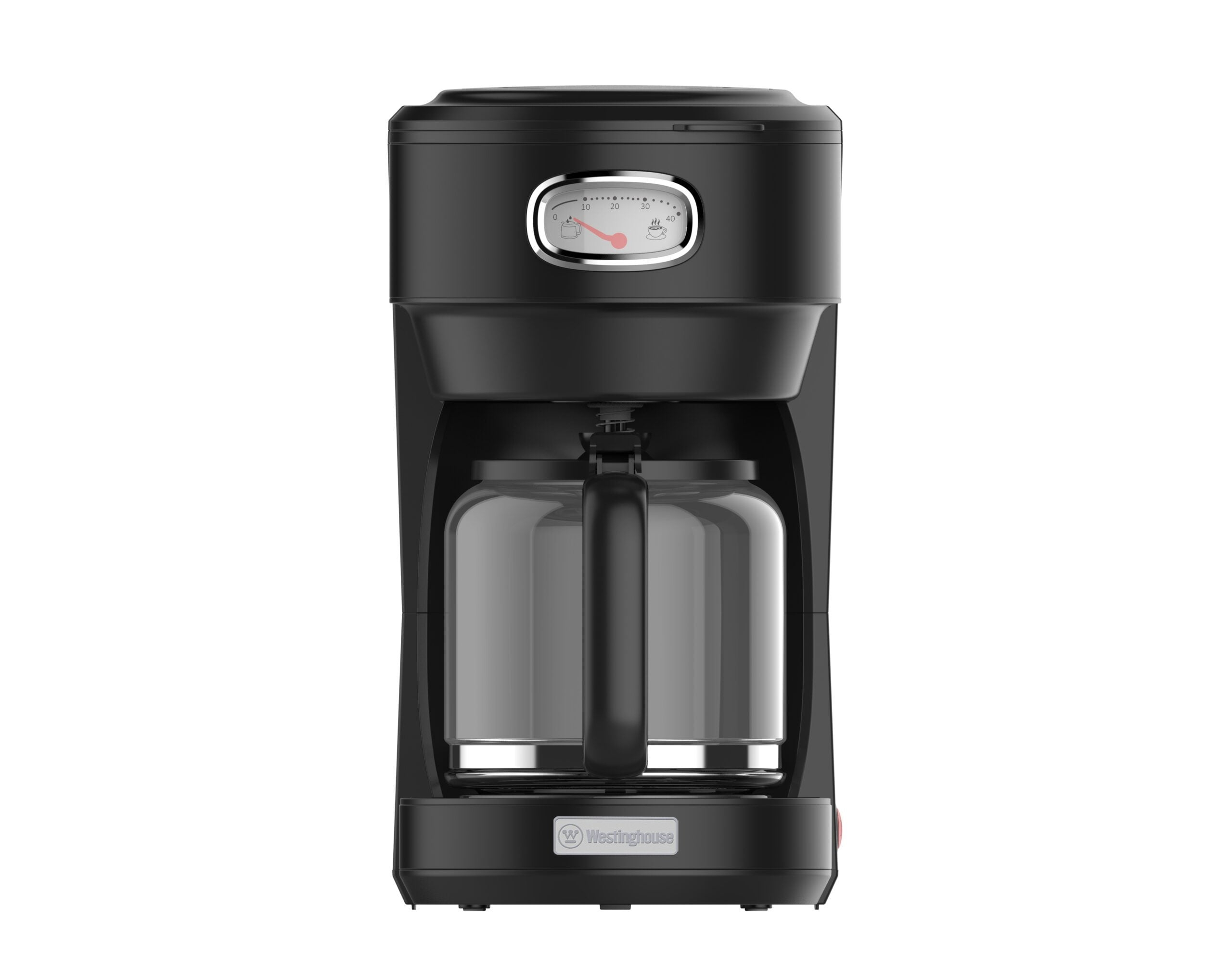 Schwarze Kaffeemaschine mit Glaskaraffe und einer Anzeige oben. Die Marke 'Westinghouse' ist vorne sichtbar.