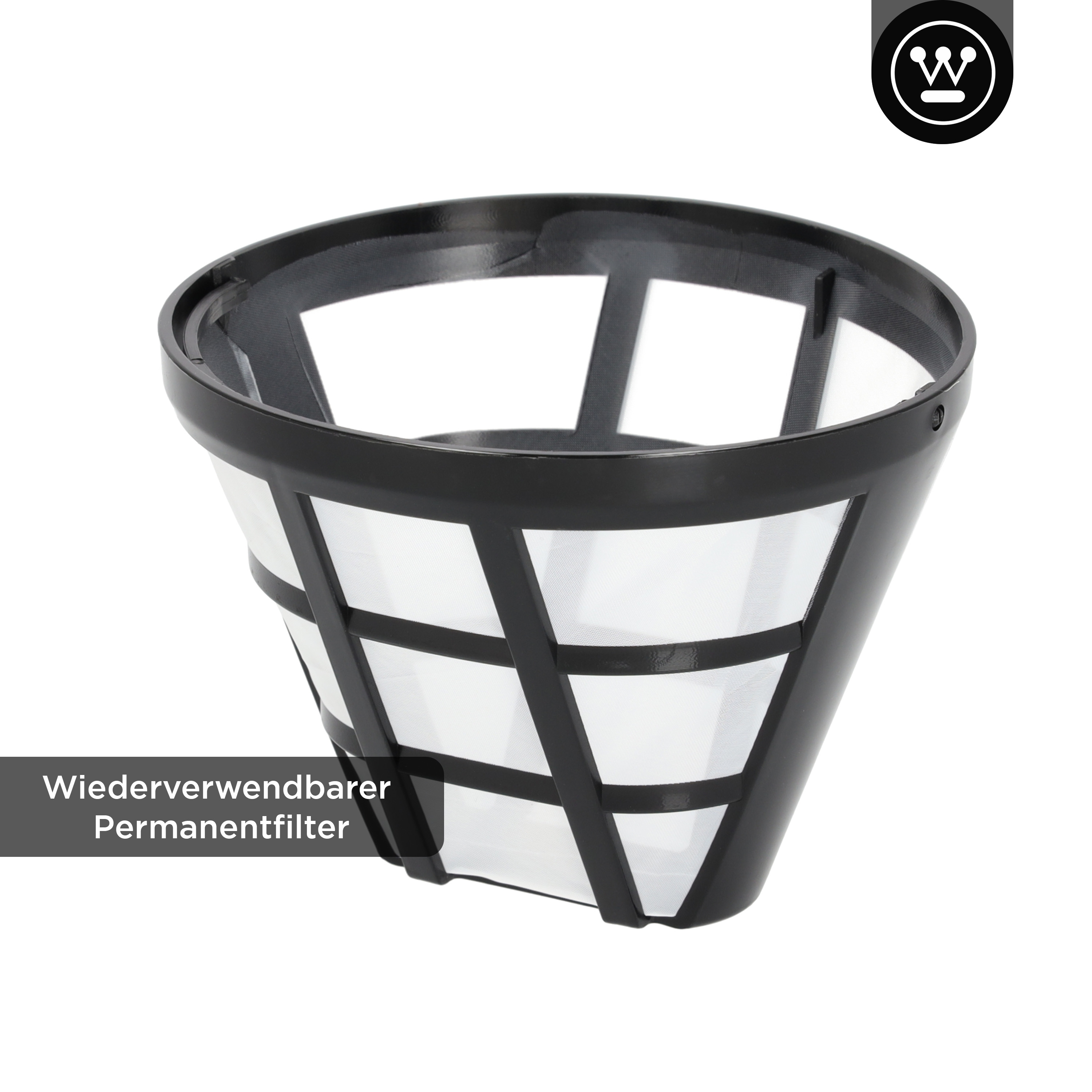Ein schwarzer, wiederverwendbarer Kaffeefilter mit konischer Form und gitterartiger Struktur. Weißer Hintergrund.