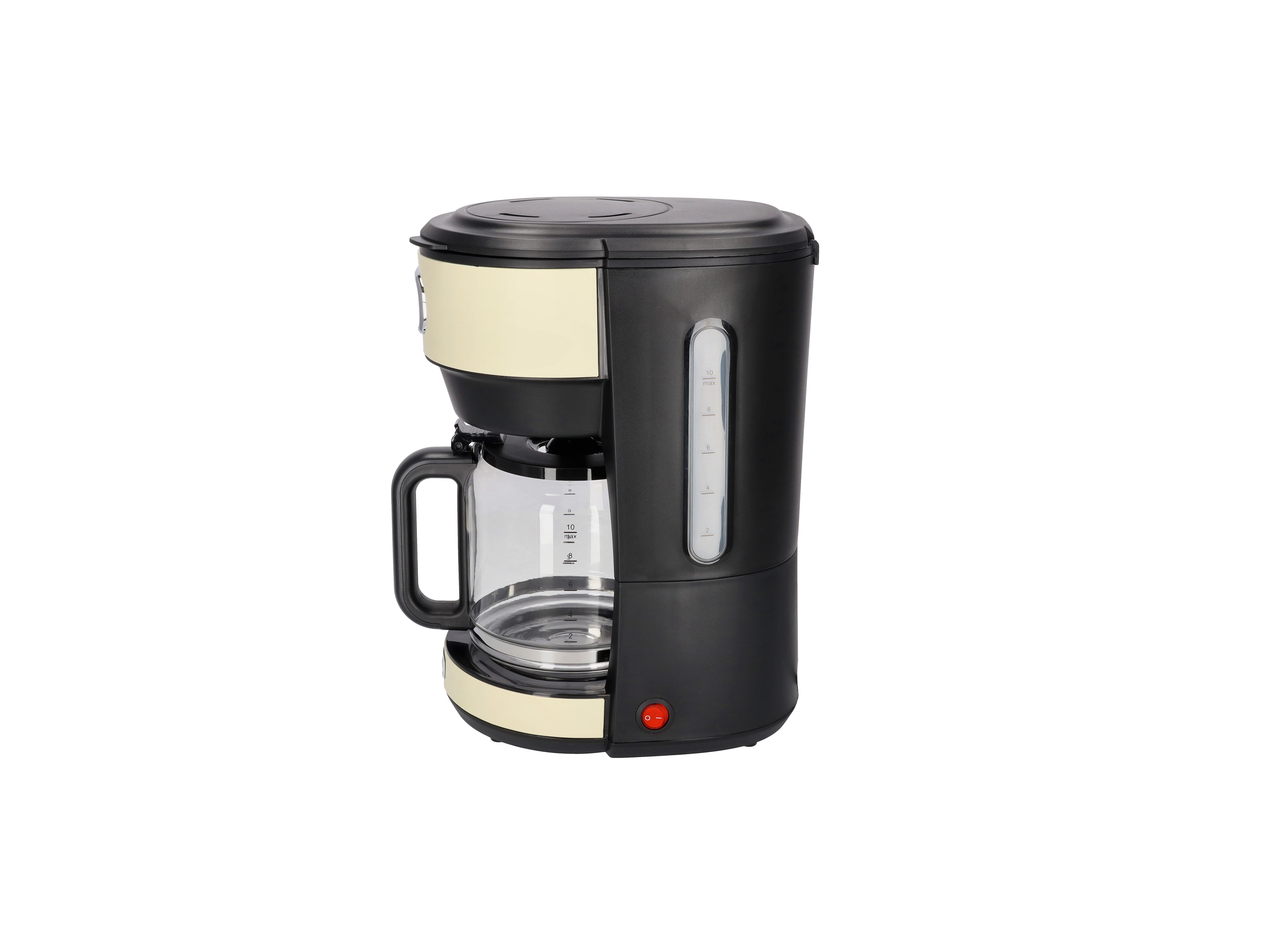 Eine schwarz-beige Kaffeemaschine, von der Seite betrachtet, isoliert auf Weiß.