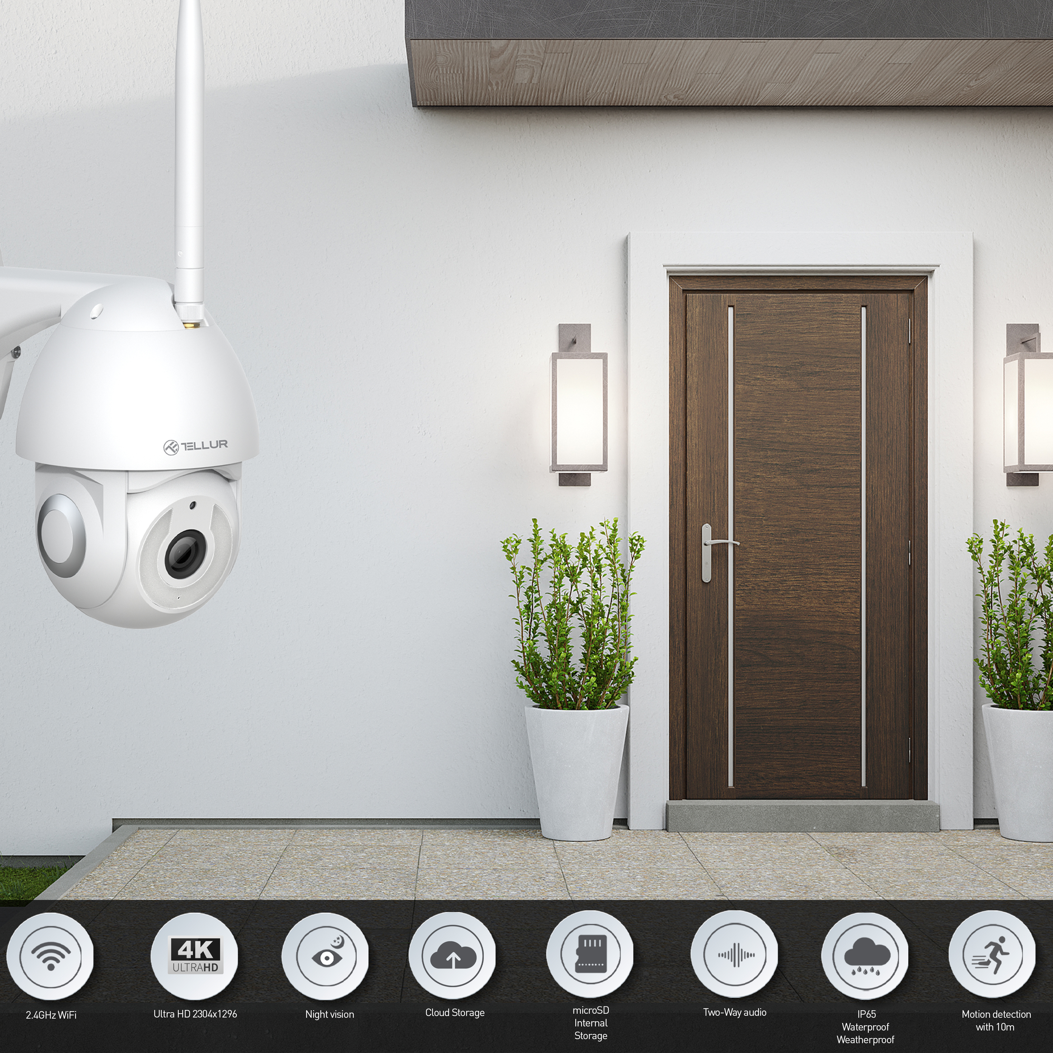 Biała kamera bezpieczeństwa zamontowana na ścianie, z drzwiami i roślinami w tle.