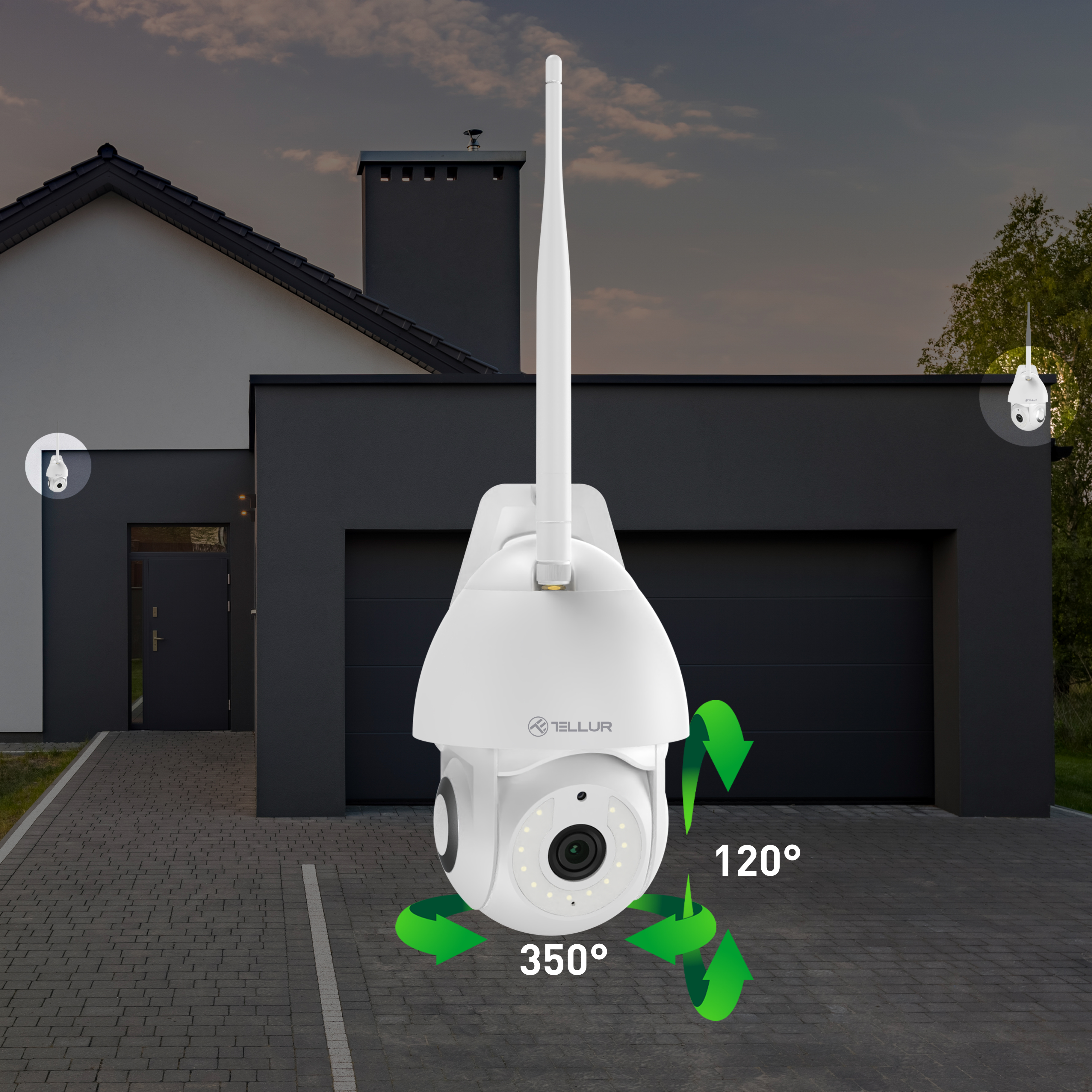 Biała kamera bezpieczeństwa na domu, ze strzałkami wskazującymi zasięg. Pochmurne niebo.