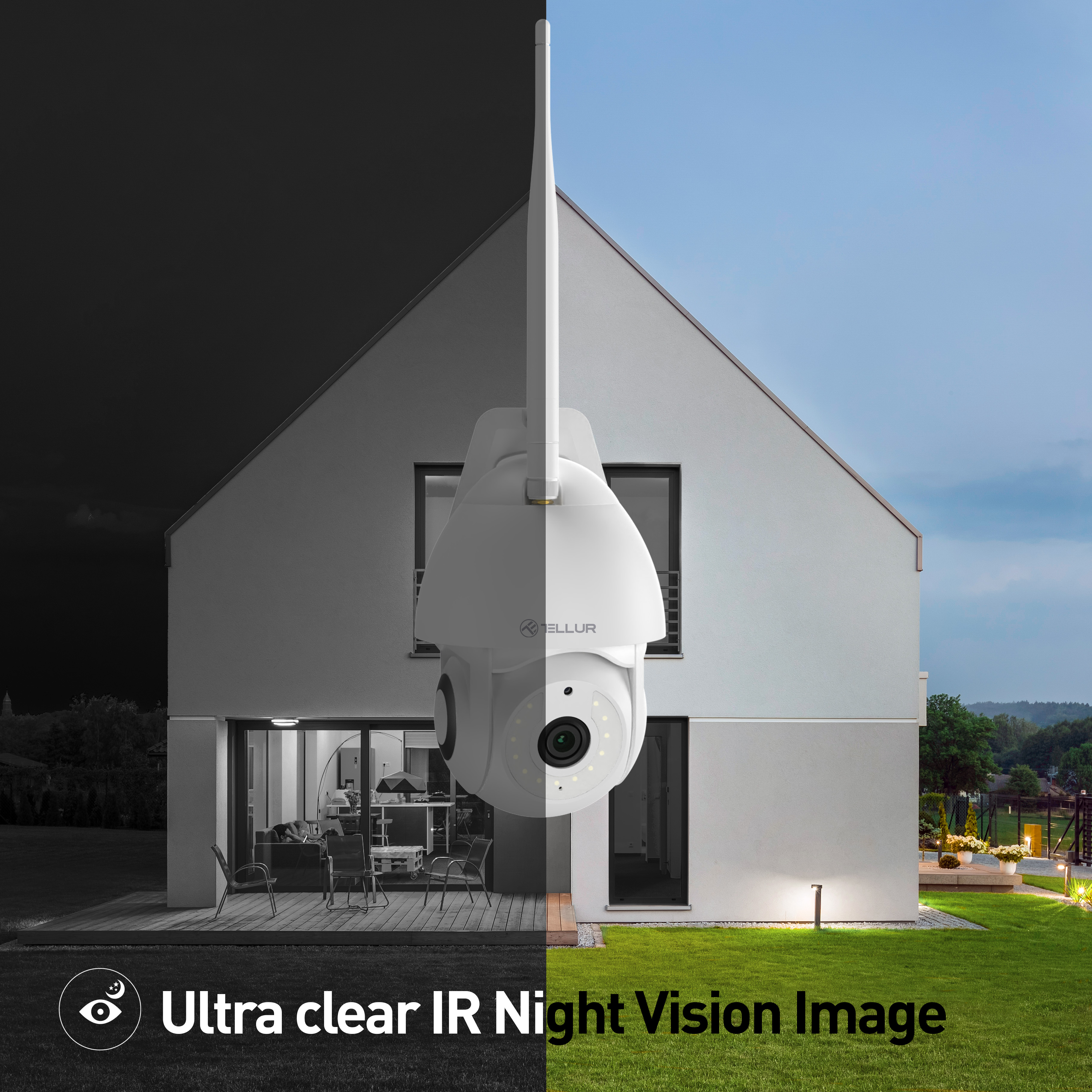 Kamera bezpieczeństwa na domu, podzielony obraz: widok dzienny vs nocny z tekstem "IR Night Vision Image".