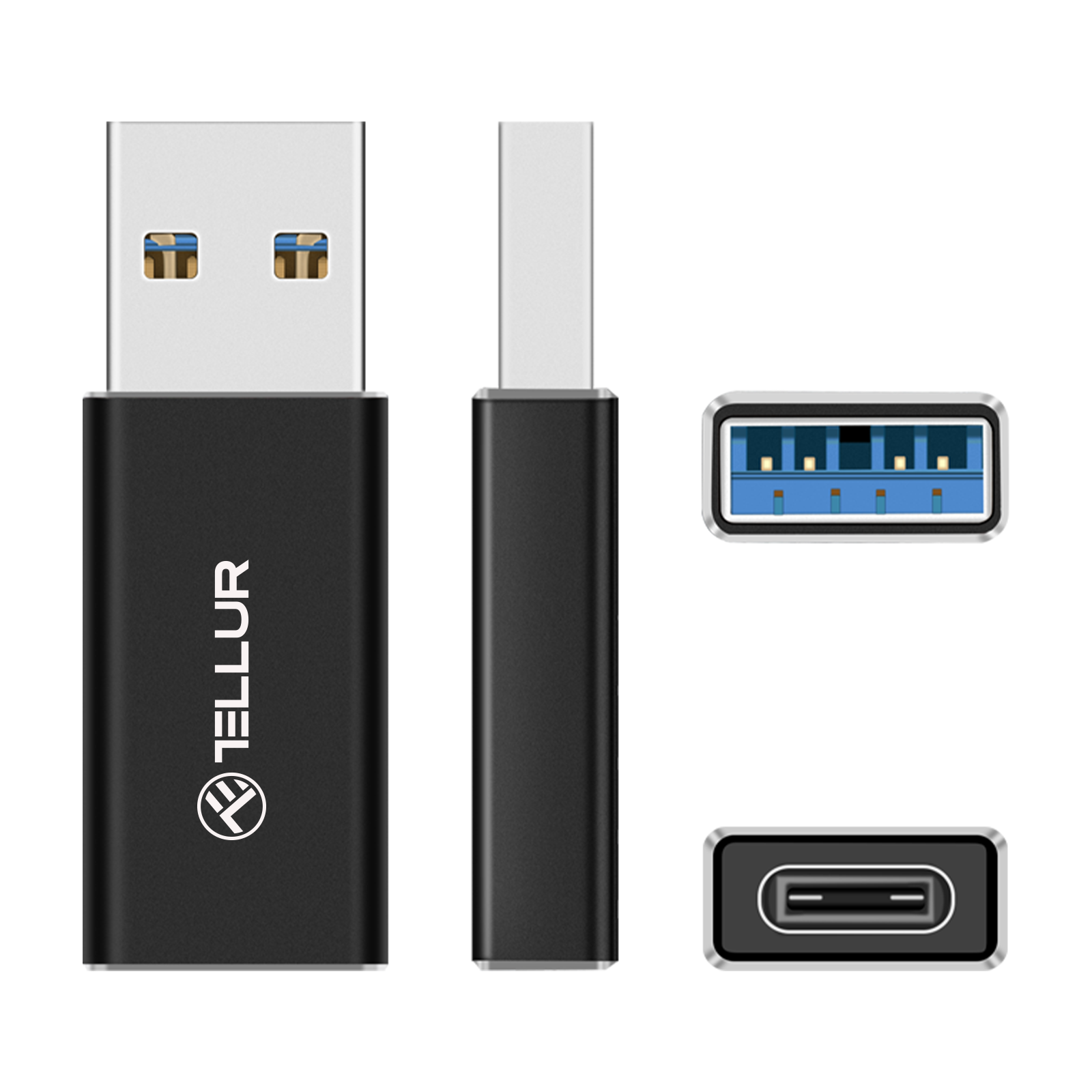 Czarny adapter USB-C. Ma czarny korpus i białe złącza. Pokazano trzy różne widoki.