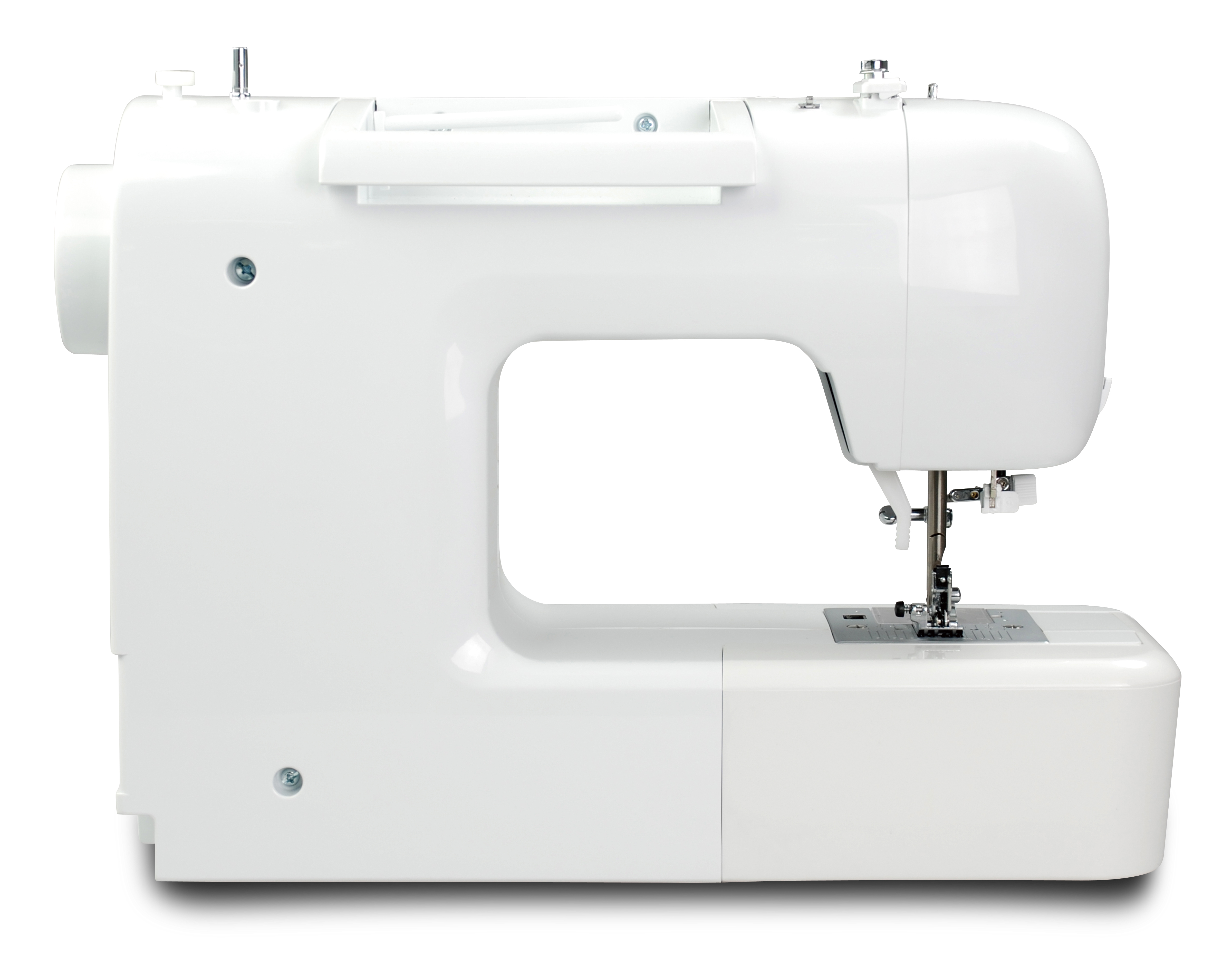 Máquina de coser blanca desde una vista lateral.