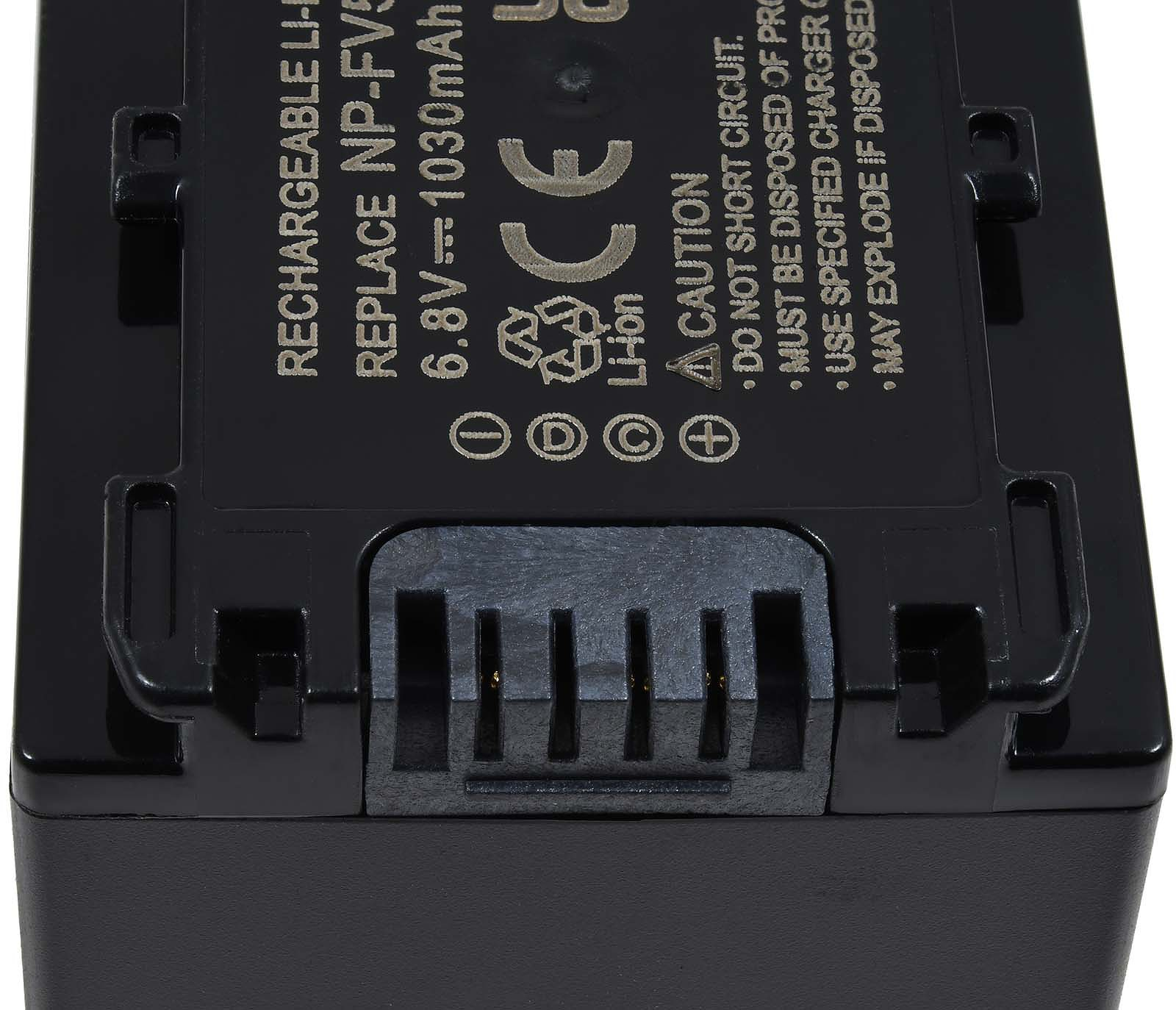 Batería recargable negra con advertencias de seguridad y conector. La batería es negra con texto blanco.