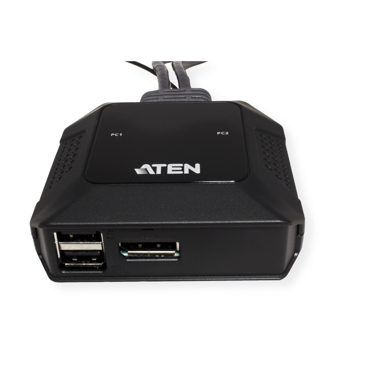 Un commutateur KVM ATEN noir avec ports USB et HDMI. L'appareil est sur un fond blanc.