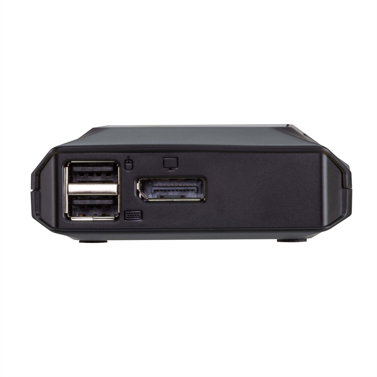 Batterie externe noire avec deux ports USB et un port micro USB sur fond blanc.