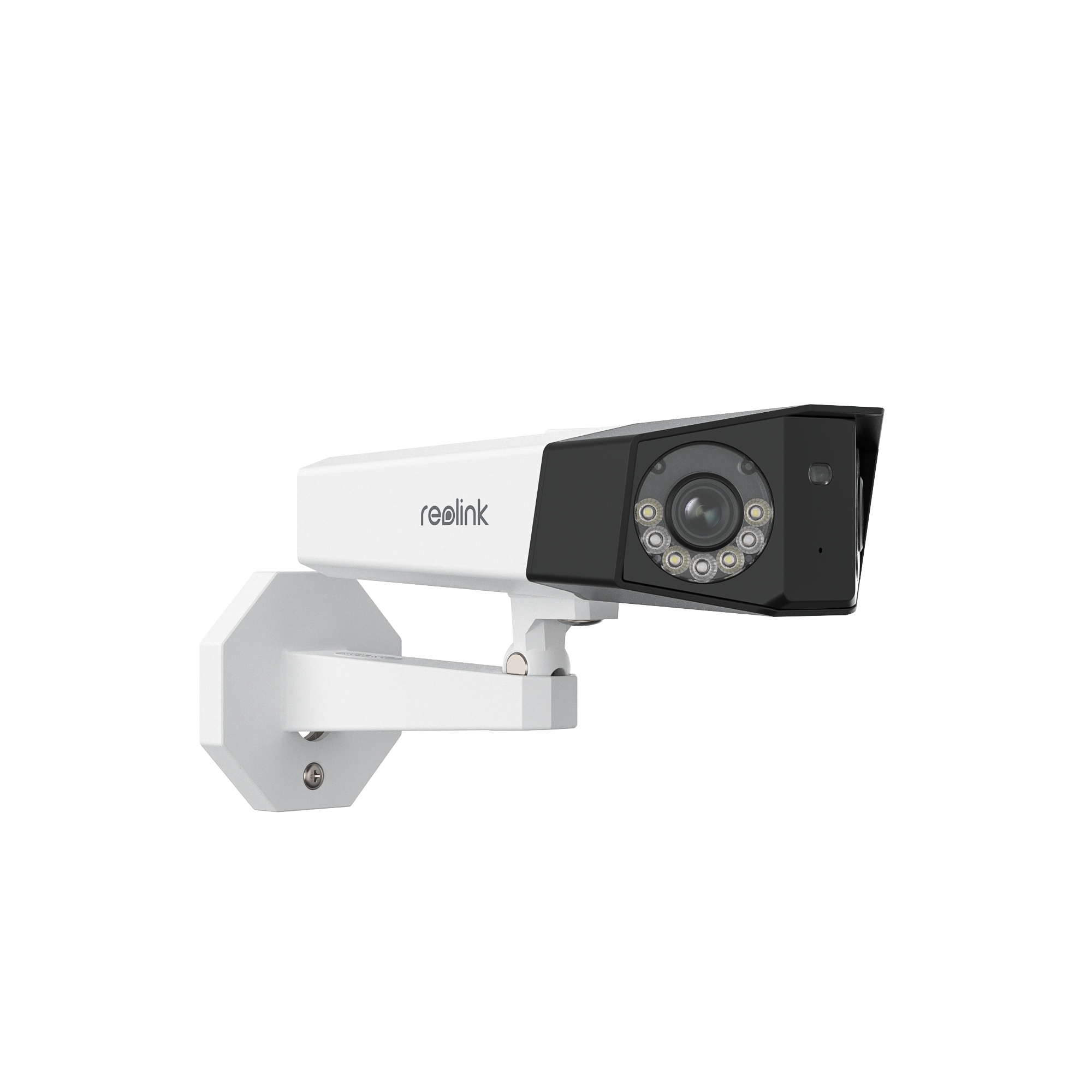 Czarno-biała kamera bezpieczeństwa zamontowana na białej ścianie. Białe tło.