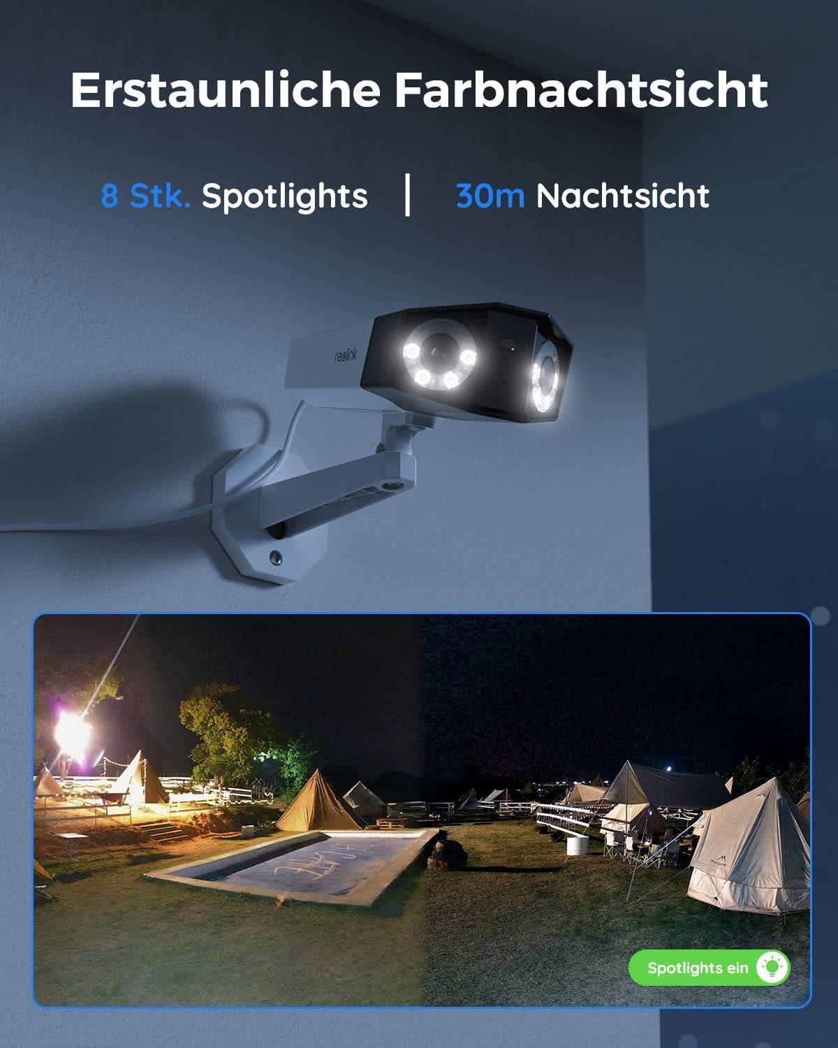 Kamera bezpieczeństwa pokazująca noktowizję z reflektorami. Nocna scena z namiotami i otwartą przestrzenią.