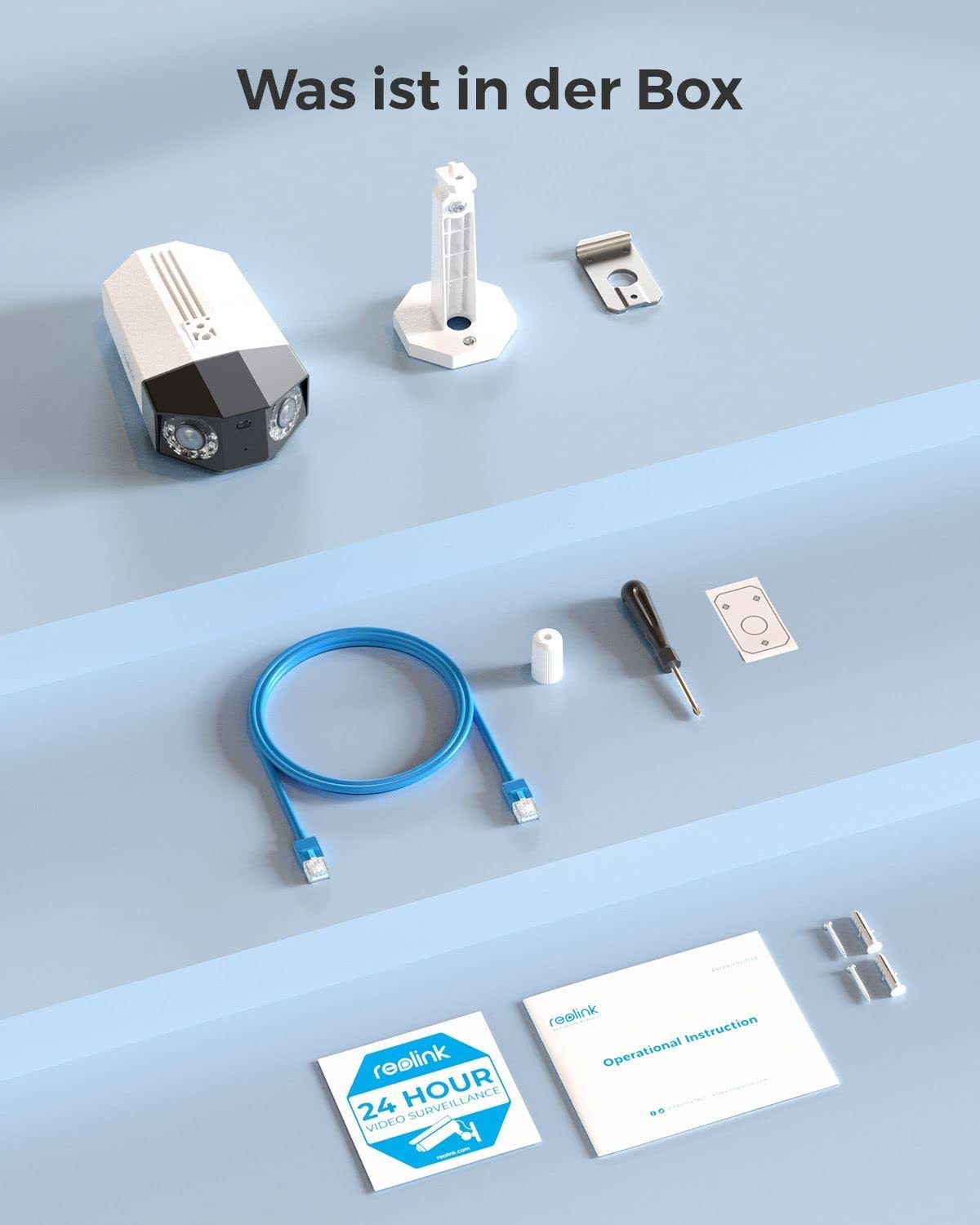 Widok z góry kamery bezpieczeństwa, wspornika montażowego, kabla, śrub i instrukcji, wszystko na niebiesko.