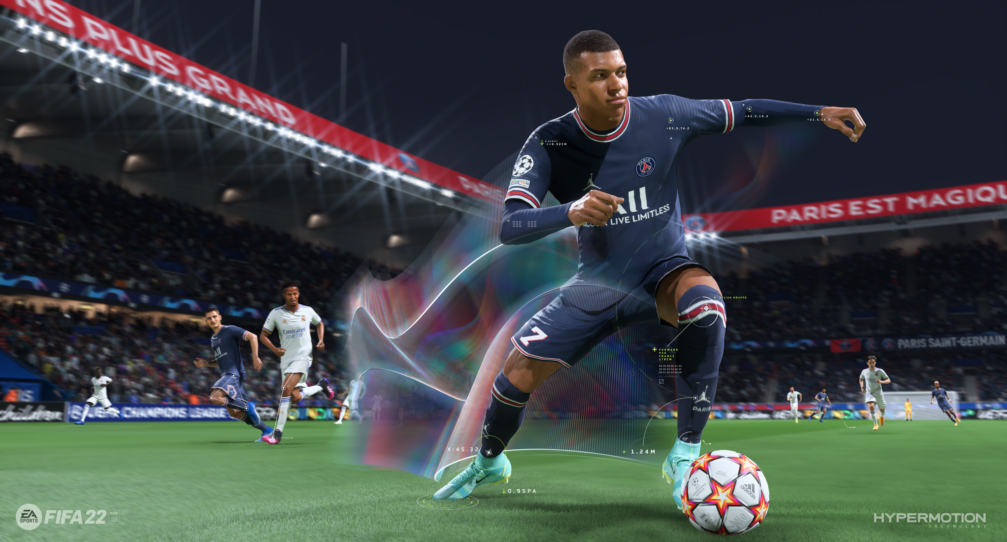 Eine FIFA 22 Spielszene mit einem Fußballspieler in Aktion.