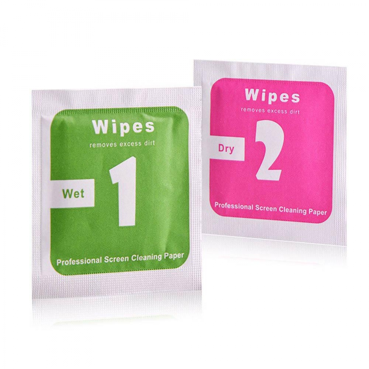 Zwei Bildschirmreinigungstücher in grüner und rosa Verpackung, beschriftet mit 'Wet' und 'Dry'.