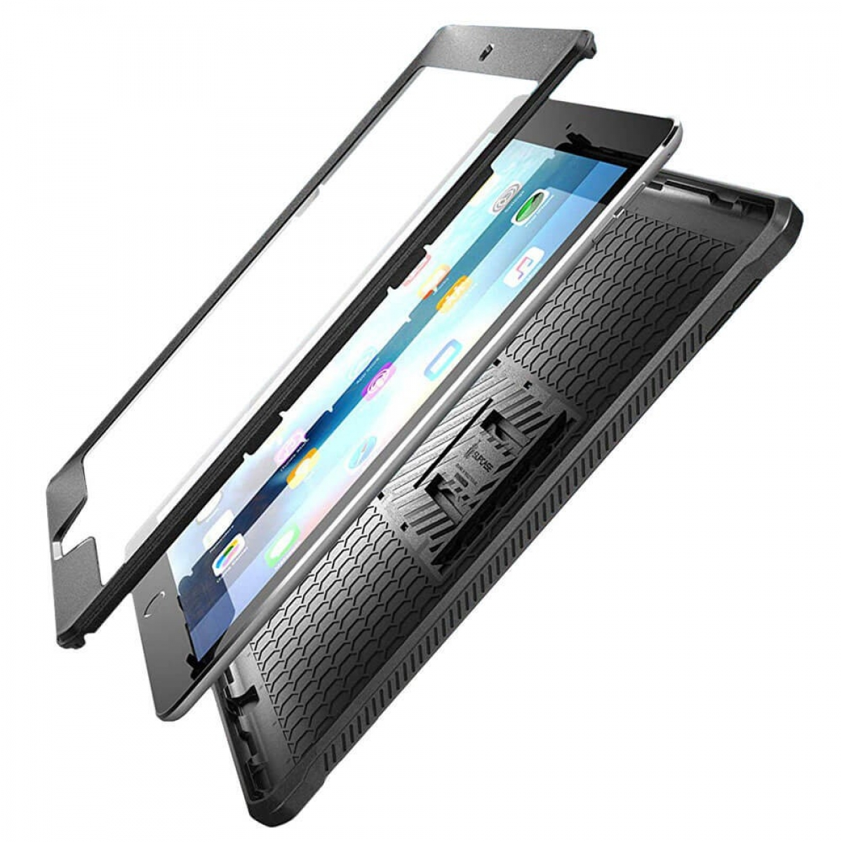 Eine Explosionsansicht eines Tablets mit Displayschutz und Schutzhülle.