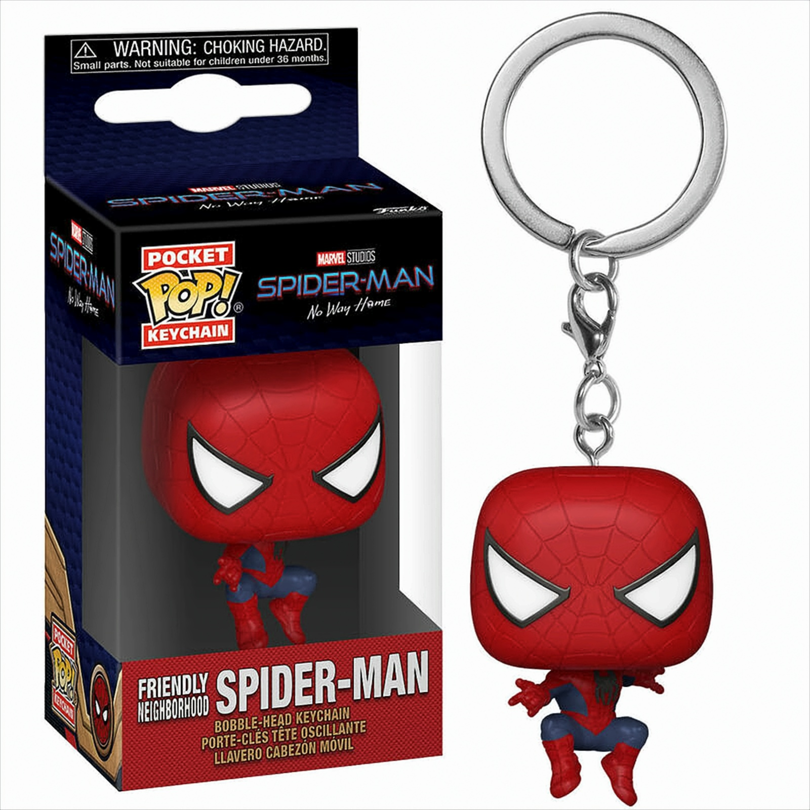 Spider-Man-Schlüsselanhänger mit Figur in Box und separater Figur am Ring.