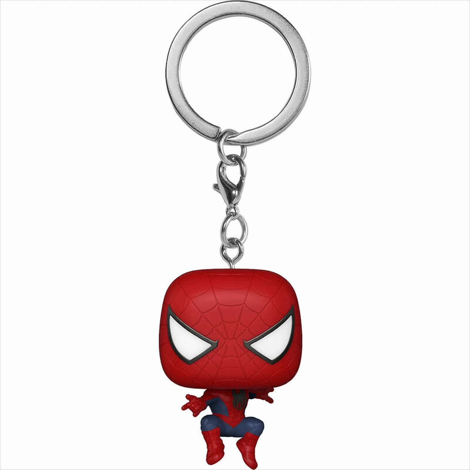 Spiderman-Schlüsselanhänger, rote Figur mit schwarzen Augen, an einem Metallring hängend.