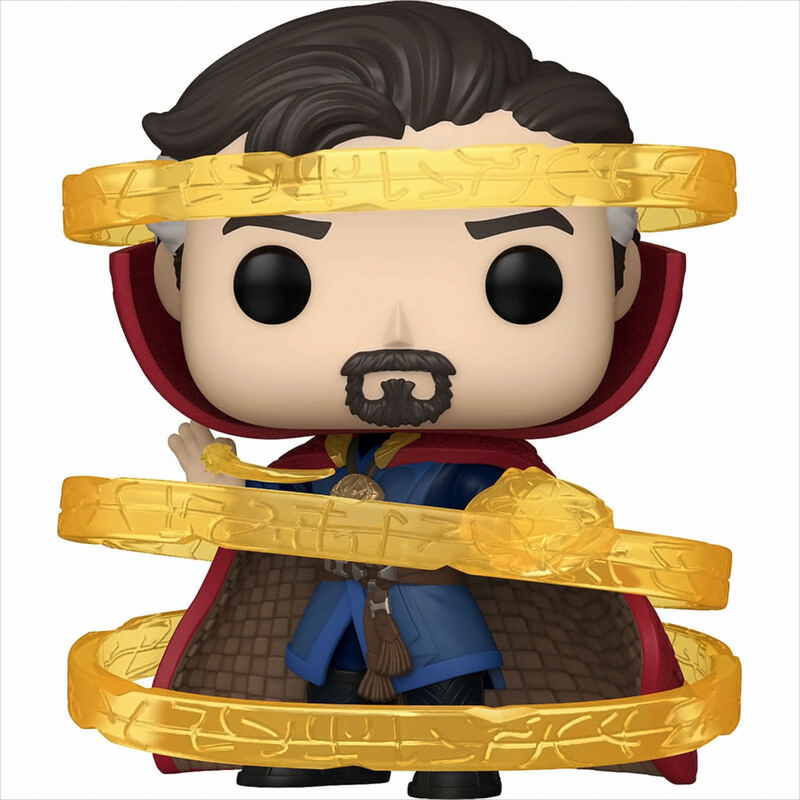 Figura Funko Pop de Doctor Strange con anillos dorados y capa roja.