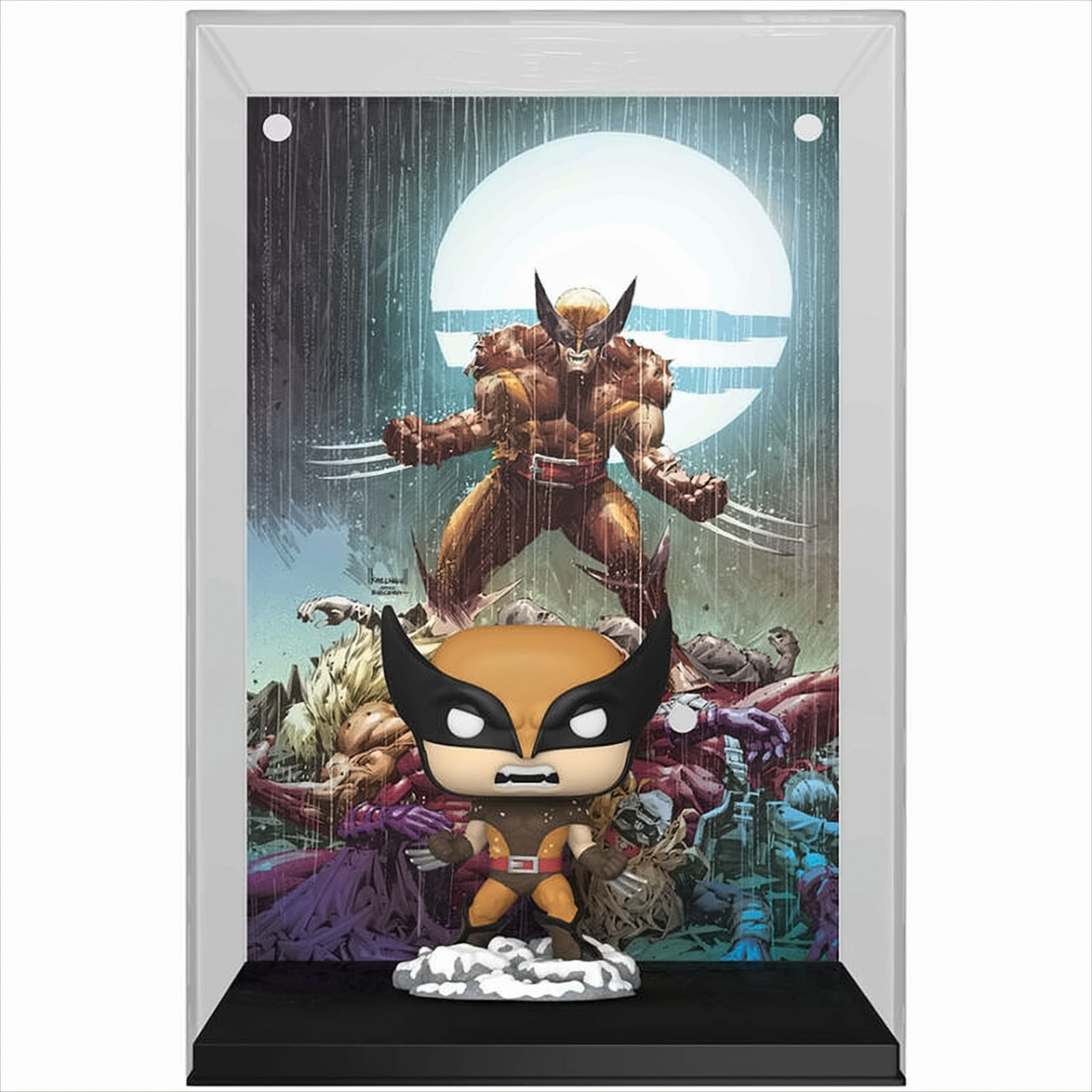 Statuetta di Wolverine in vetrina; lo sfondo mostra l'immagine di Wolverine.
