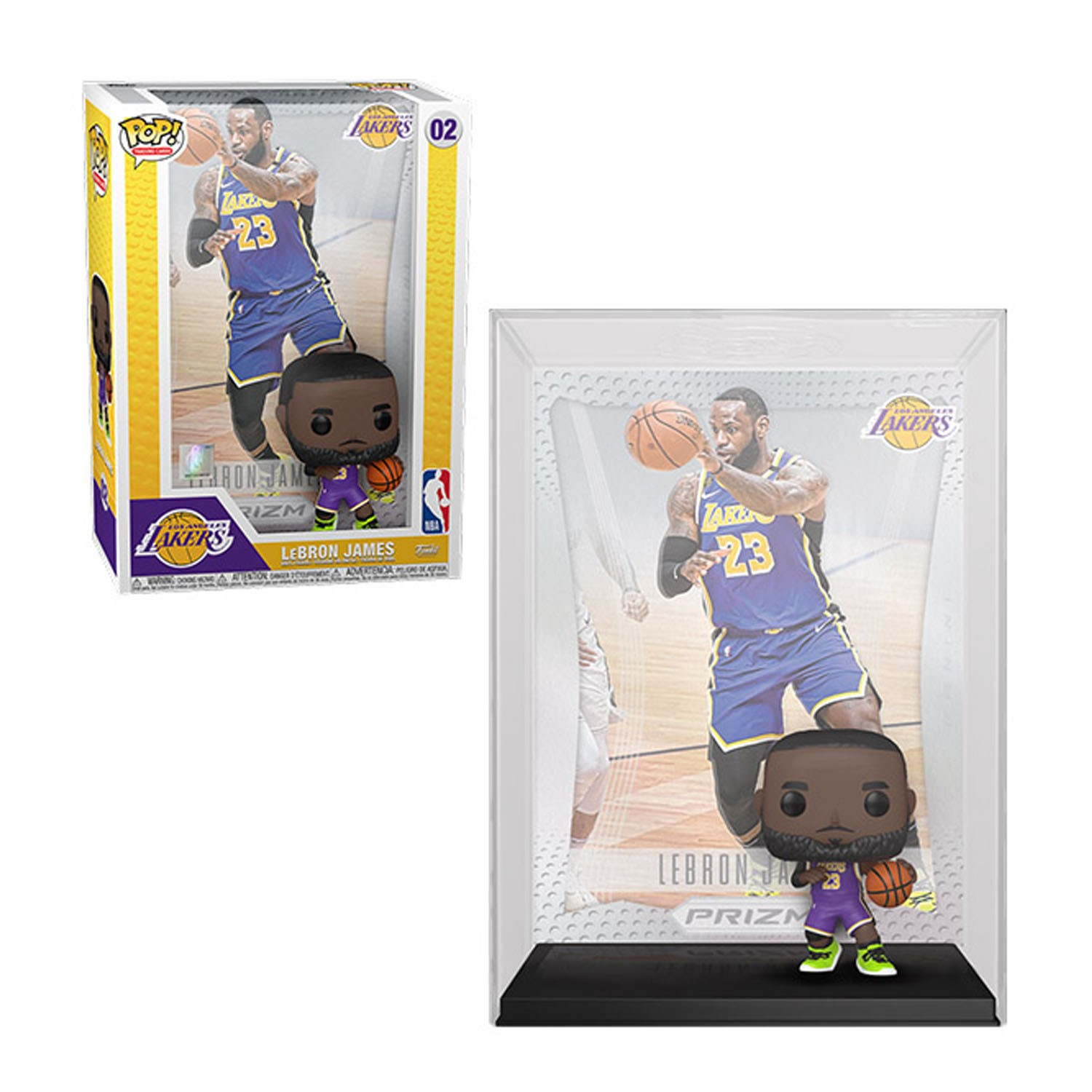 Eine LeBron James Figur innerhalb und außerhalb einer Box mit Basketball-Thema.