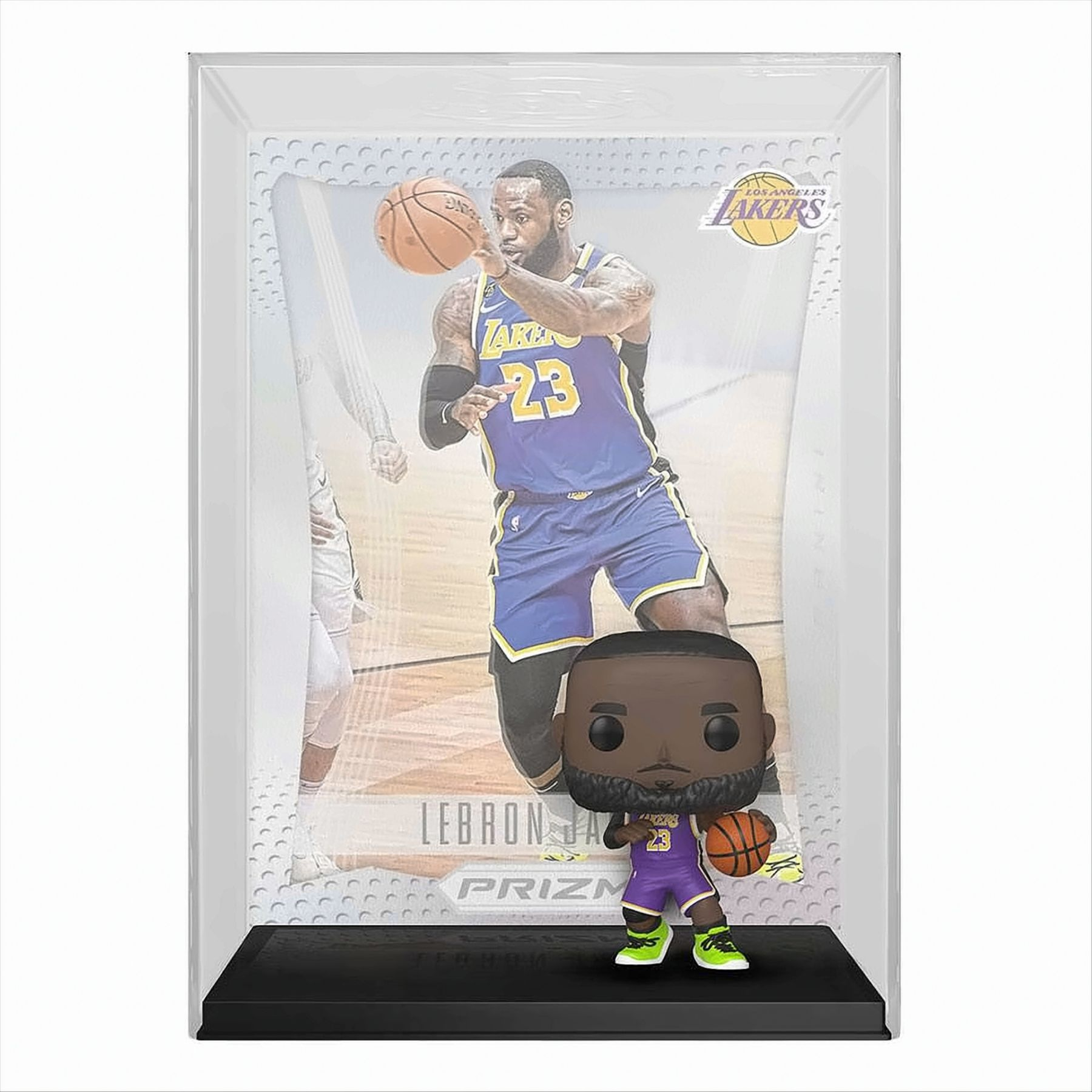 LeBron James Figur und Karte, in einem transparenten Gehäuse ausgestellt.