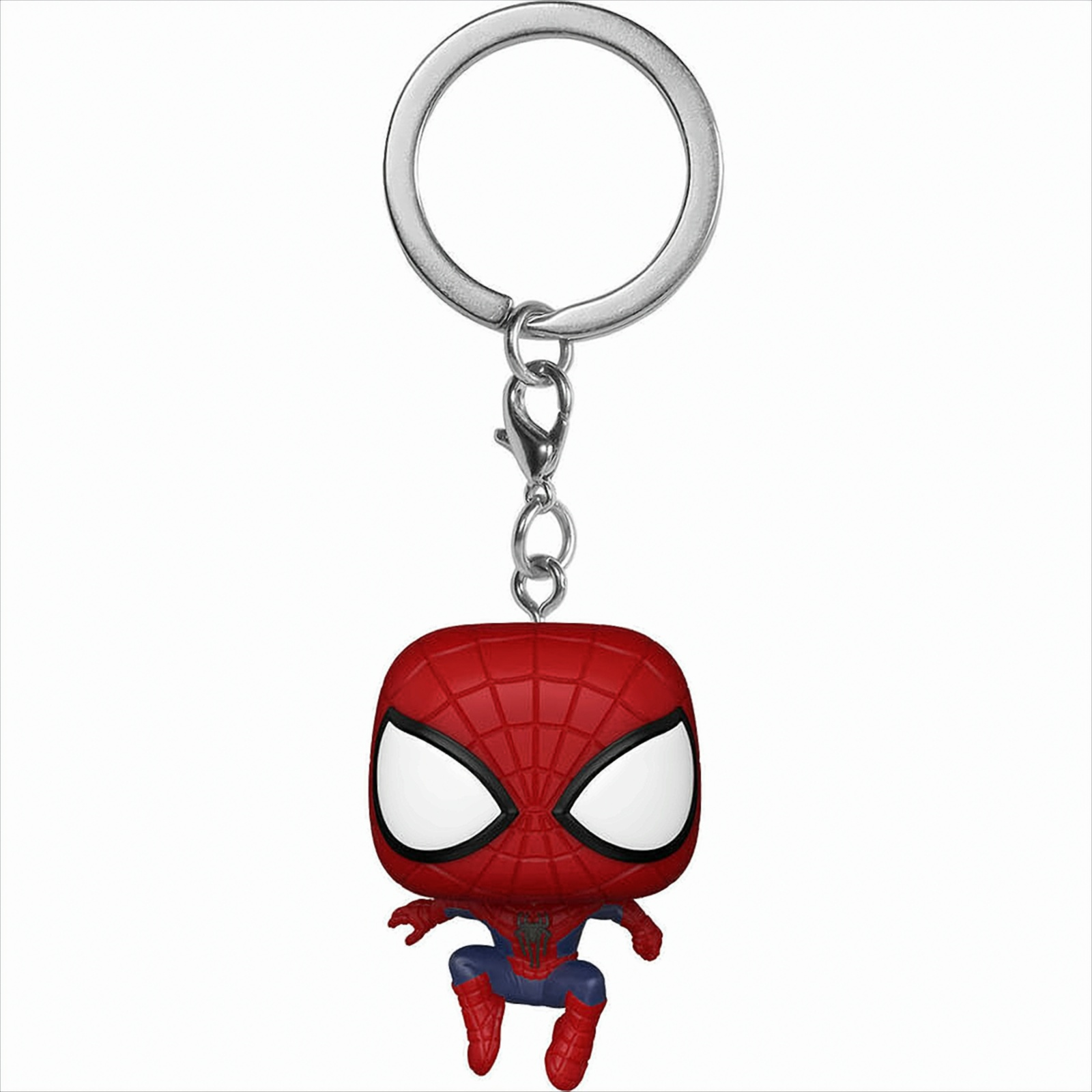 Ein Spider-Man-Schlüsselanhänger. Es ist eine kleine, rote Figur mit weißen Augen und einem silbernen Ring für Schlüssel.