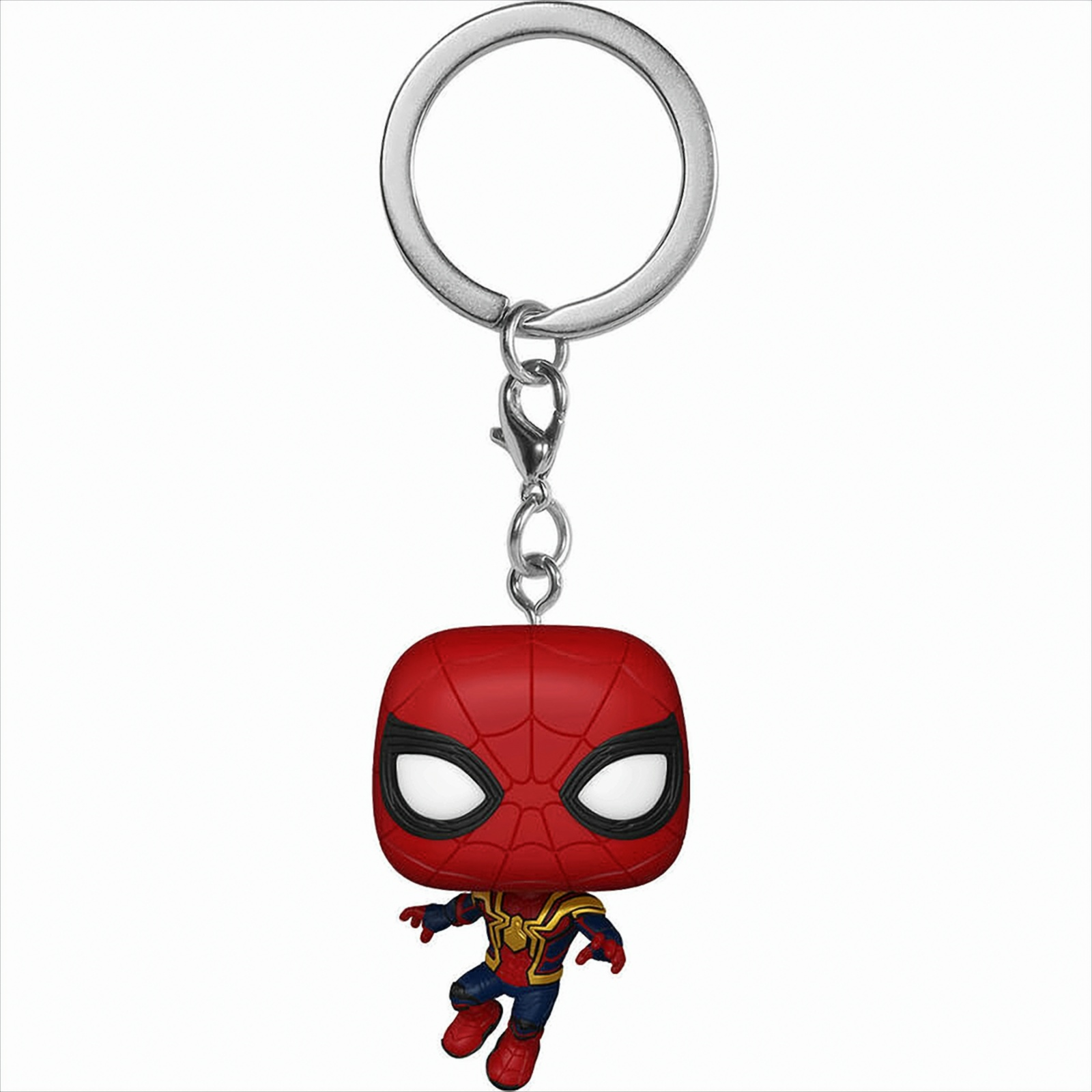 Spiderman-Schlüsselanhänger in dynamischer Pose, silberner Ring oben.
