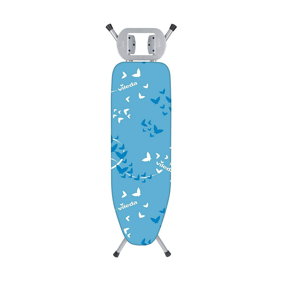 Una tabla de planchar con una funda azul decorada con mariposas blancas.