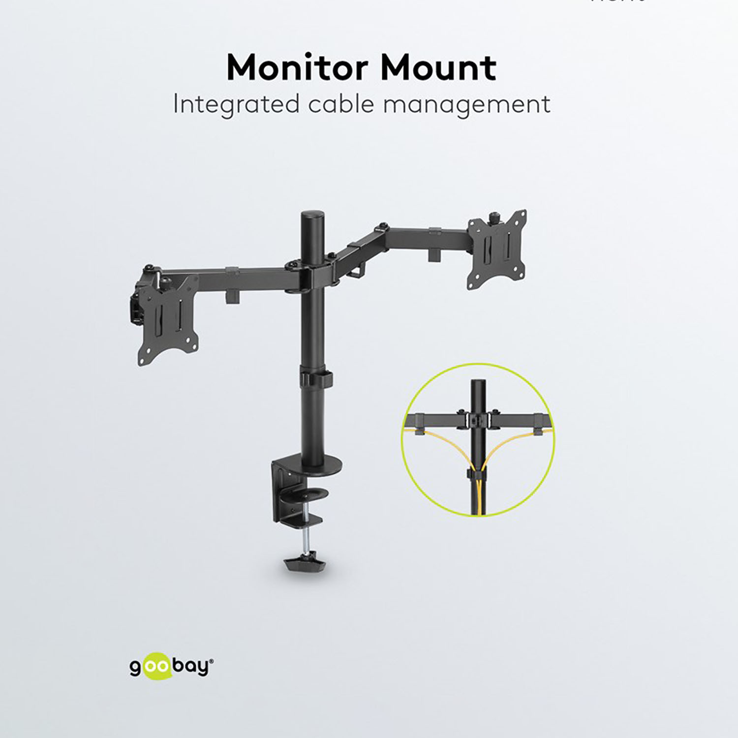 Schwarze Monitorhalterung mit integrierter Kabelführung, Details und Nahaufnahme.