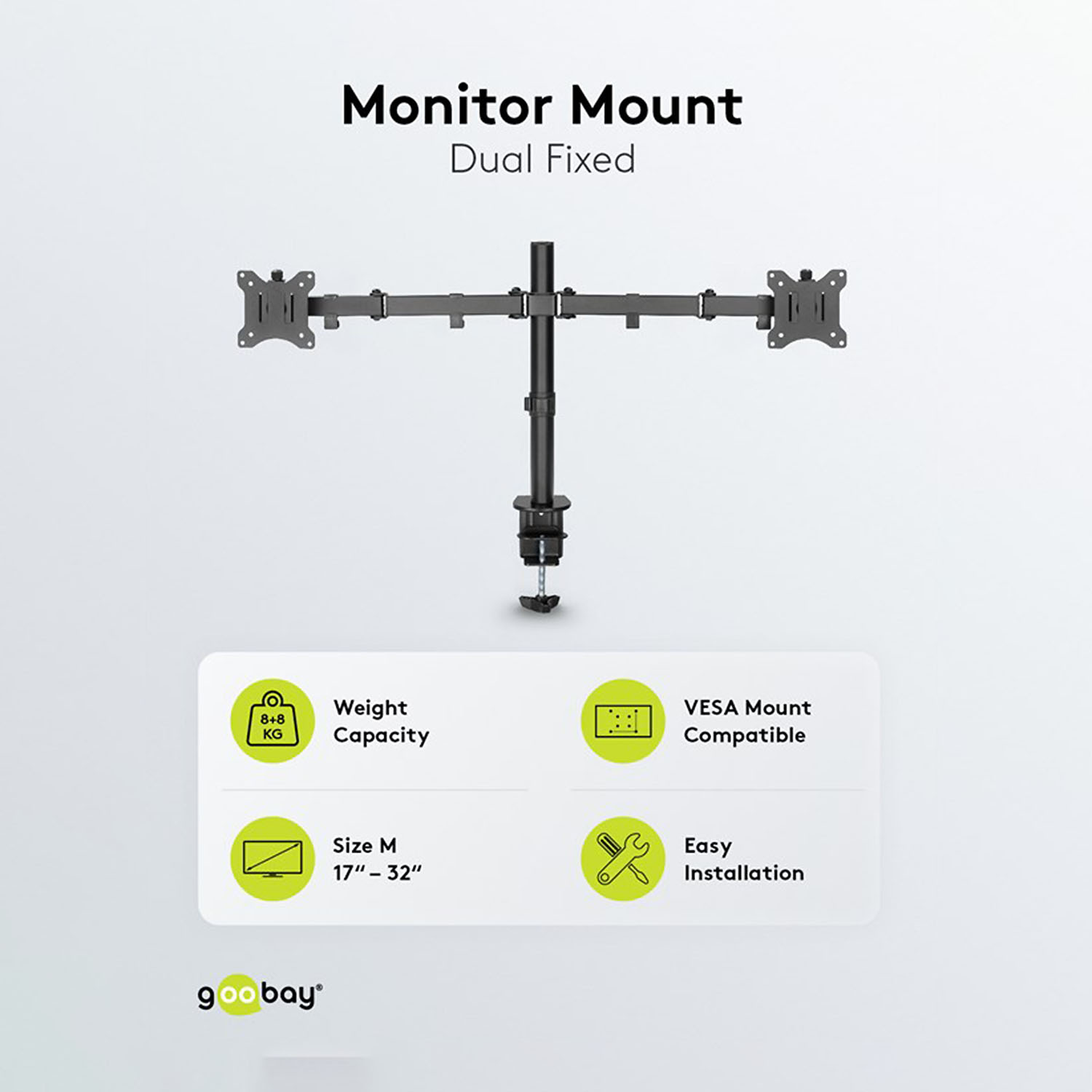 Monitorhalterungsdiagramm. Es zeigt eine Doppelmonitorhalterung mit Größen-, Gewichts- und Installationsinfos.