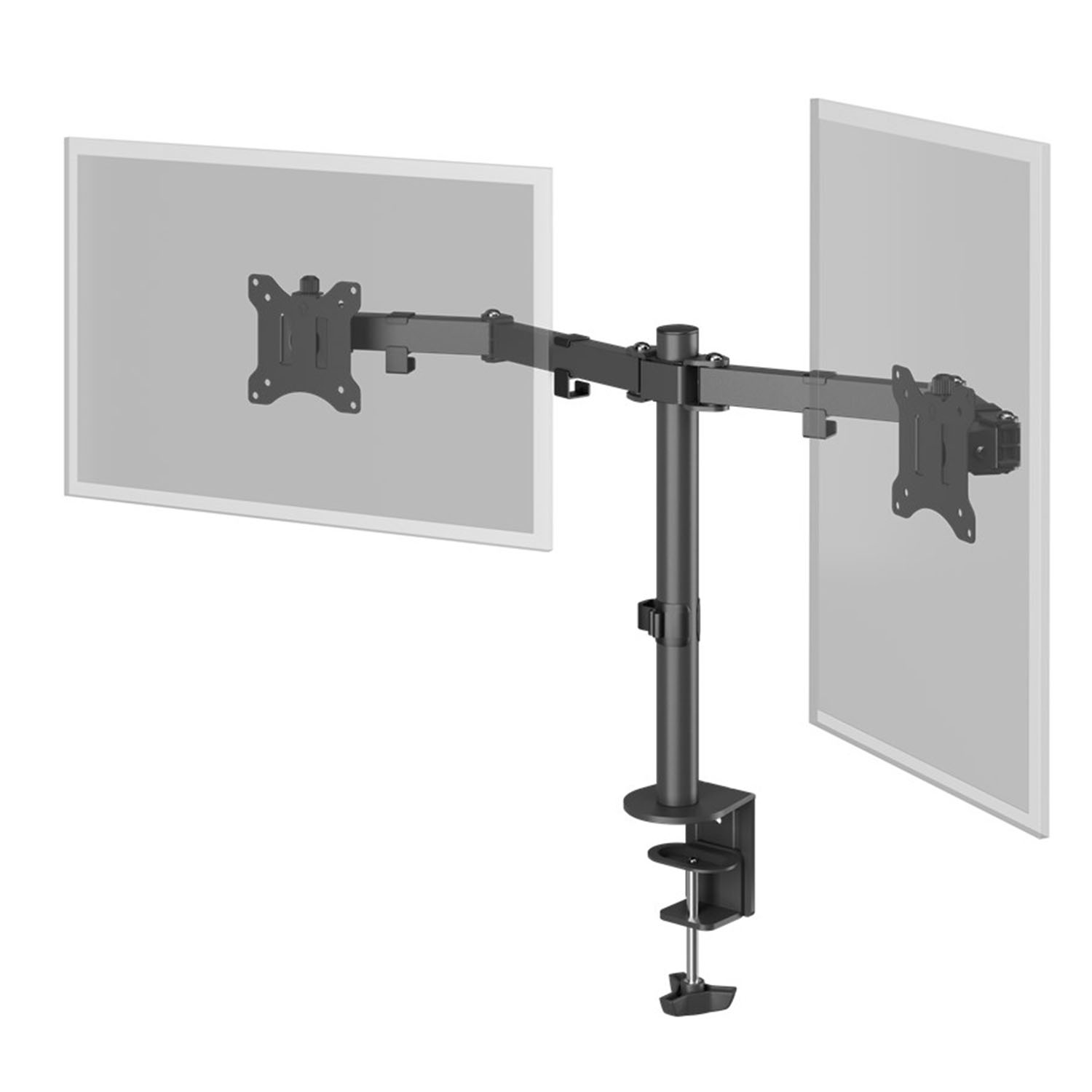 Ein Monitorständer mit zwei Monitoren in einem Büro-Setup, alles auf weißem Hintergrund.