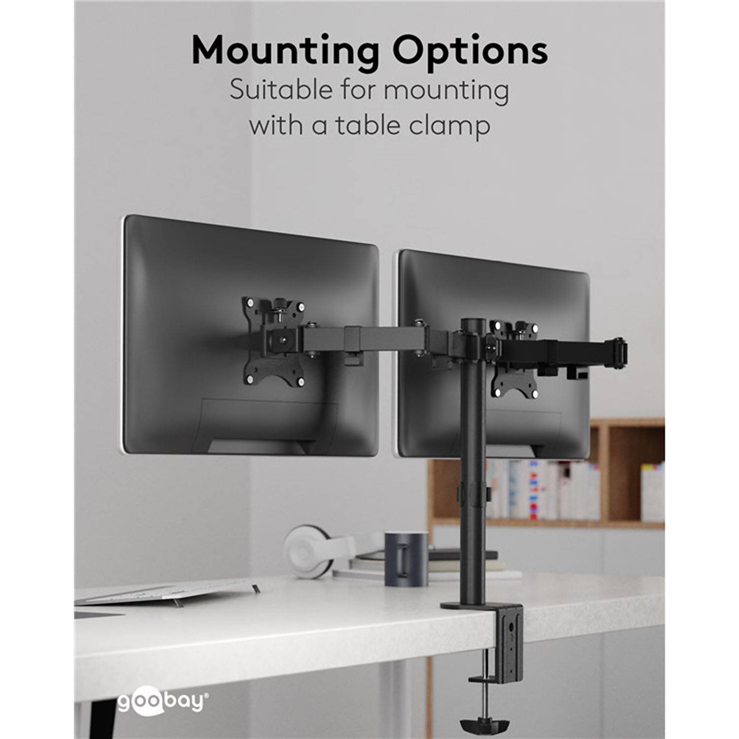 Zwei Monitore auf einem Schreibtisch mit Tischklemme montiert. Text lautet: Montageoptionen.