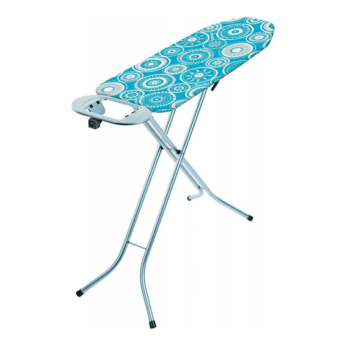 Tabla de planchar con tapa estampada azul y blanca. Está abierta y tiene estructura metálica.