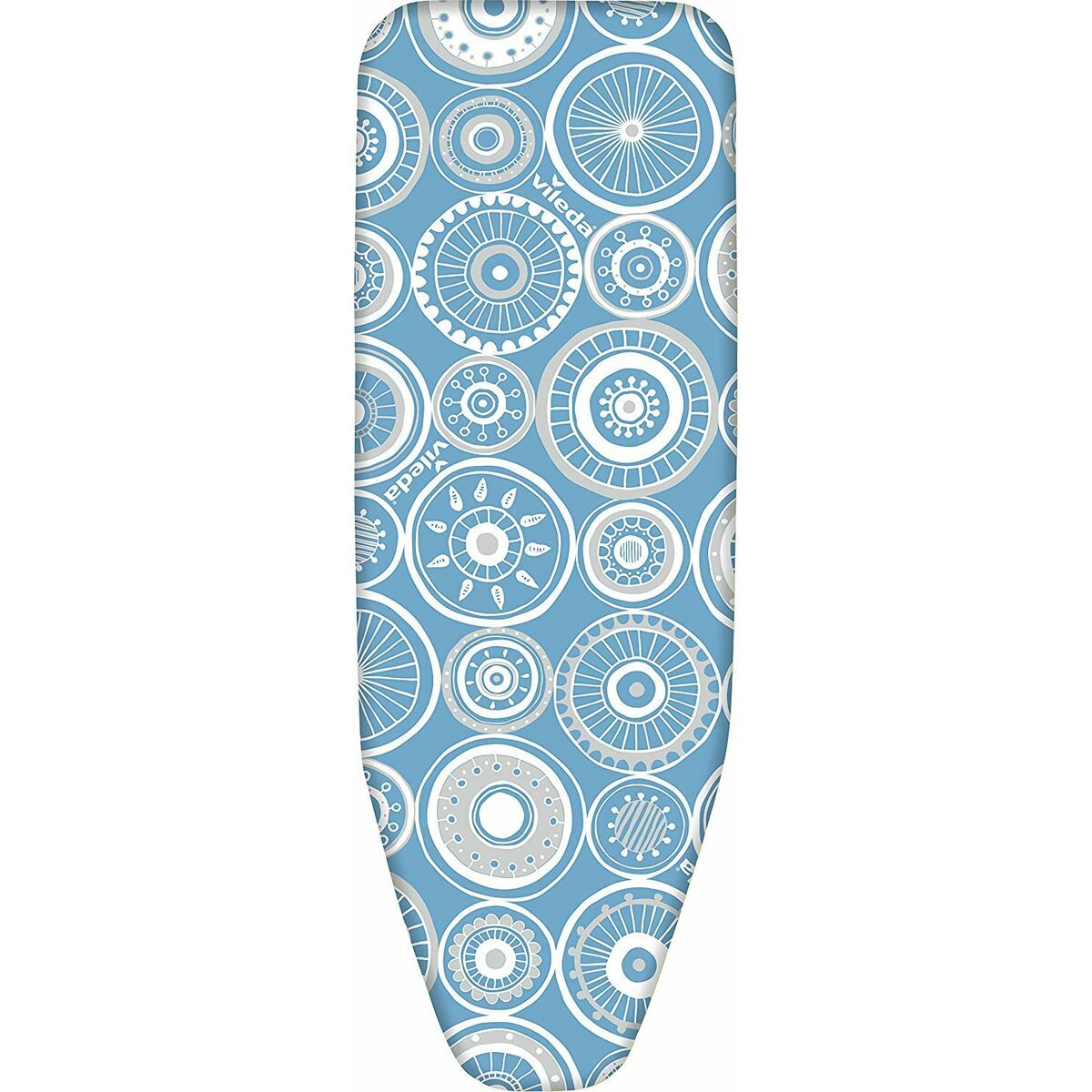Tabla de planchar con base azul y un patrón blanco de círculos y flores.