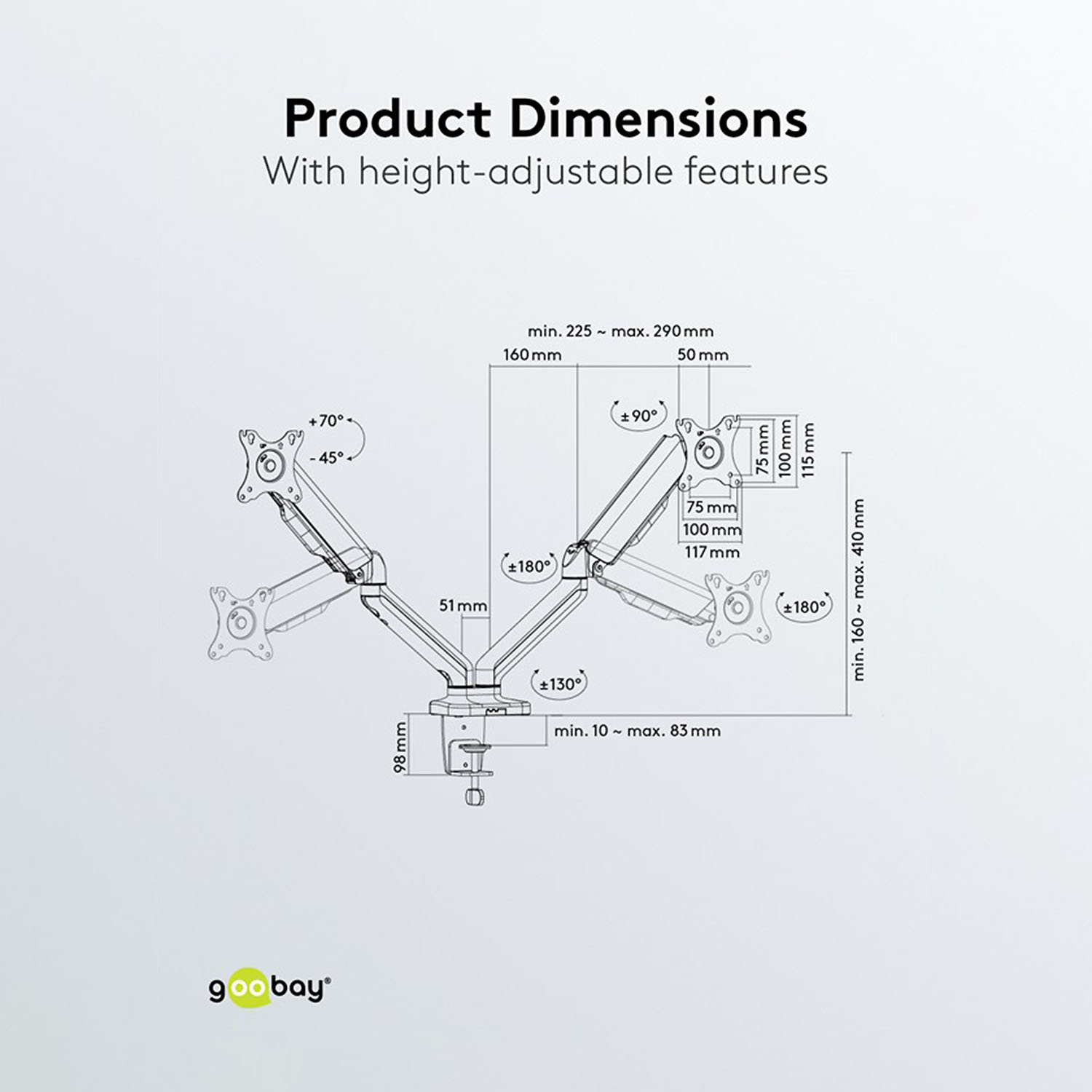 Ein Diagramm eines Monitorarms mit Maßen und beschrifteten, einstellbaren Funktionen.