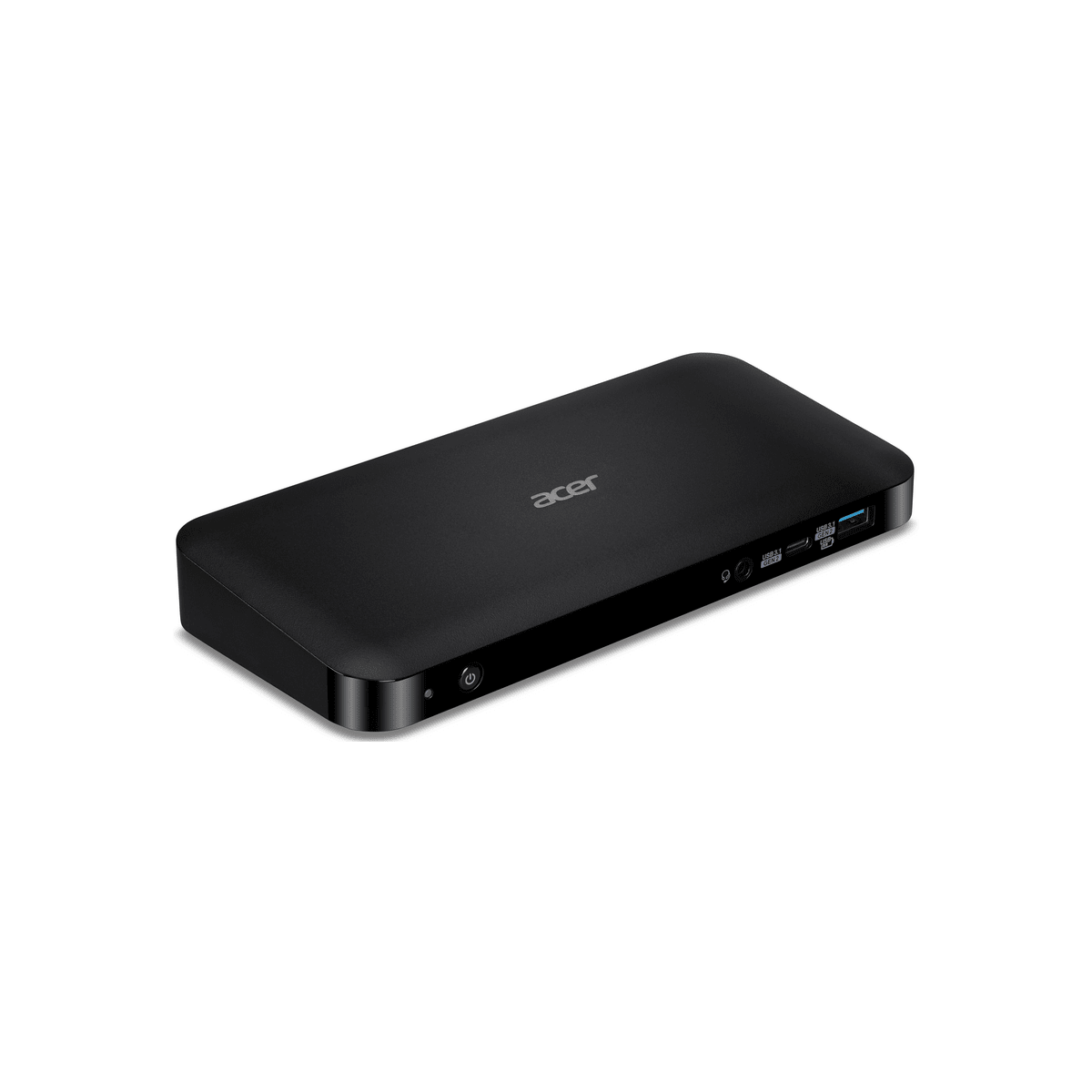 Zwart Acer dockingstation. Rechthoekige vorm met poorten. Zwart oppervlak. Witte achtergrond, schuine weergave.